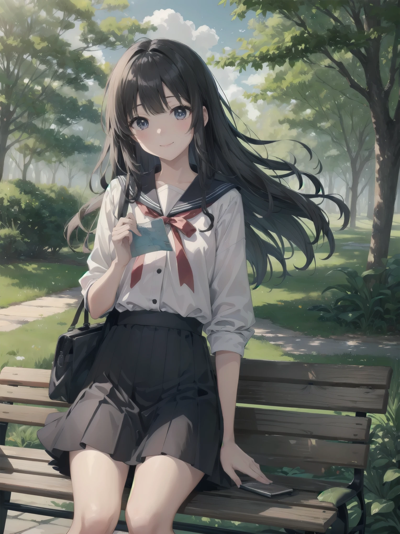 Subtitle: {{Park}} {{Sailor Suit}} {{Sitting on a bench looking at a map}} In a lush green park, a beautiful girl, Saori, is sitting on a bench with the sun shining through the trees, wearing a sailor suit.Her clear eyes are sunken in deep contemplation, and in her hand is an old map and a notebook filled with scribbles. Her long, glossy black hair danced in the wind, her light red ribbons twirling in the wind. Saori, have you found any clues yet?" Yosuke, a childhood friend sitting next to her, asked anxiously, "Saori, have you found any clues yet? Saori smiled, closed her notebook, and said, "Yes, I'm almost done. But we may need to take extrajudicial measures in the future. I reply. There was a sparkle in her eyes, as if she was enjoying the challenge.