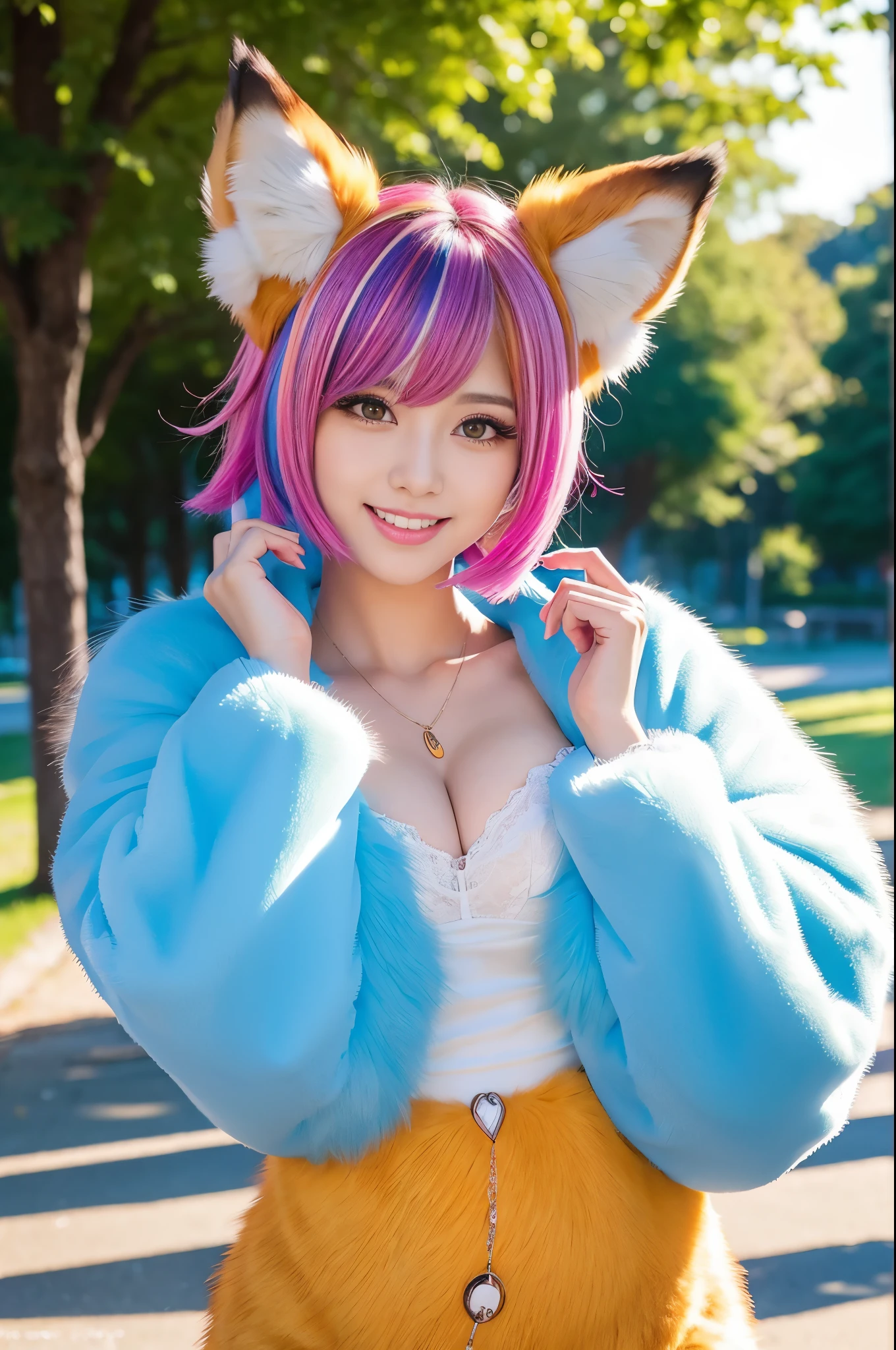 ultra sexy female, (-anime), only 1 female, very short hair, beautiful smile, lipgloss, long lashes, defined eyebrows, fluffy fur fox cosplay, fluffy fur vivid colors outfit, fox cosplay accessoires, fox ears, vivid colors, look at the camera, cinematic light, large park background with trees, sweet and sexy pose