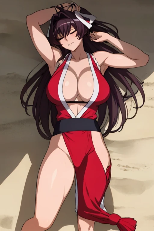 masterpiece, best quality, beautiful art, high resolution, well formed hands, body and fingers, 1 woman, solo, Karin Maaka, grown up, adult, big breasted, cleavage, full body, cosplaying as Mai Shiranui, long hair , hair ribbon, gorgeous legs, hips and thighs, ryona , in peril, , defeated , knocked out, passed out, unconscious, closed eyes, laying down on the sand, exposed extended body, sexy defeated pose, sexy smirk on her face, showing vulnerability and helplessness, defeat and KO scene, martial arts tournament on the beach