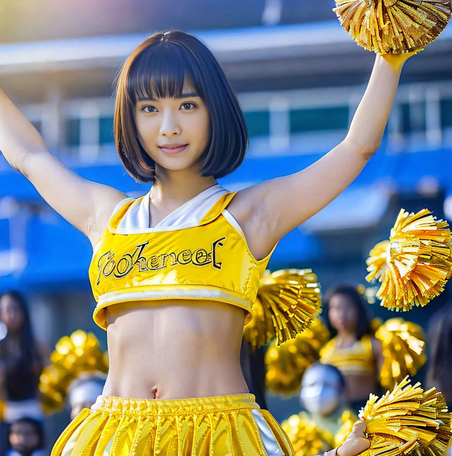 highest quality,masterpiece,Ultra-high resolution, Very detailed, 8k,A beautiful Japanese woman:1.5, blunt bangs, ((Crucifixion)),Small face,((Woman in Crucifixion on Cross:1.5, Extremely small waist, Breast Augmentation Surgery)), (Shiny and glamorous yellow cheerleader outfit:1.5), Breast Augmentation Surgery、 Detailed super smelly armpits、 Detailed armpit hair、 very thick legs