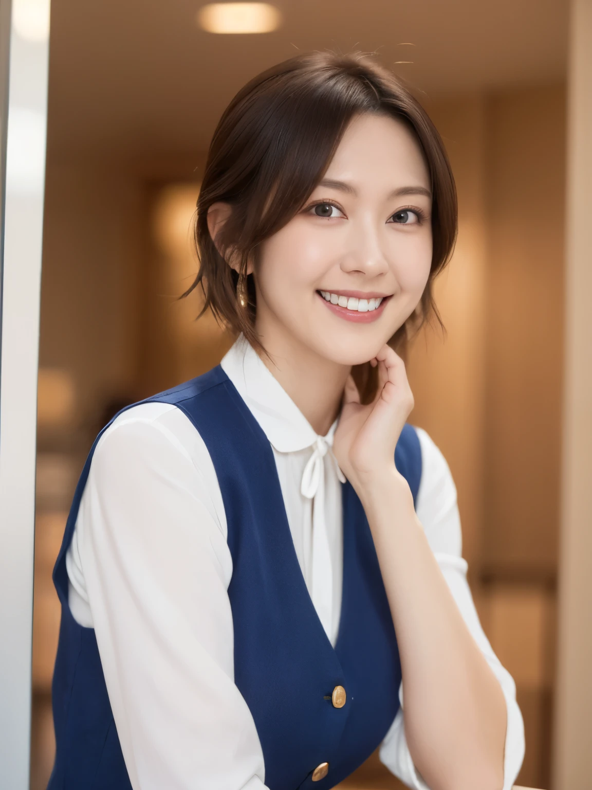 最high quality, In 8K, Masseter region, Vibrant, Sharp focus, high quality, High resolution, Detailed face, fine grain, (Looking at the audience), alone, Beautiful woman, 38 years old, One girl, Mature Woman, (Wearing a navy blue vest:1.5)、(Gold button vest:1.5)、(White blouse)、(Gorgeous red, white and blue3Colored ribbon ties:1.6)、 bow, photograph, Realistic, 最high quality, employment, Detailed face, office, Building seen from the window, Detailed Background, Diffused sunlight, Depth of written boundary, (Standard body shape)、(D cup breasts)、(smile:1.5)、(Very short black hair:1.5)、Bob Hair