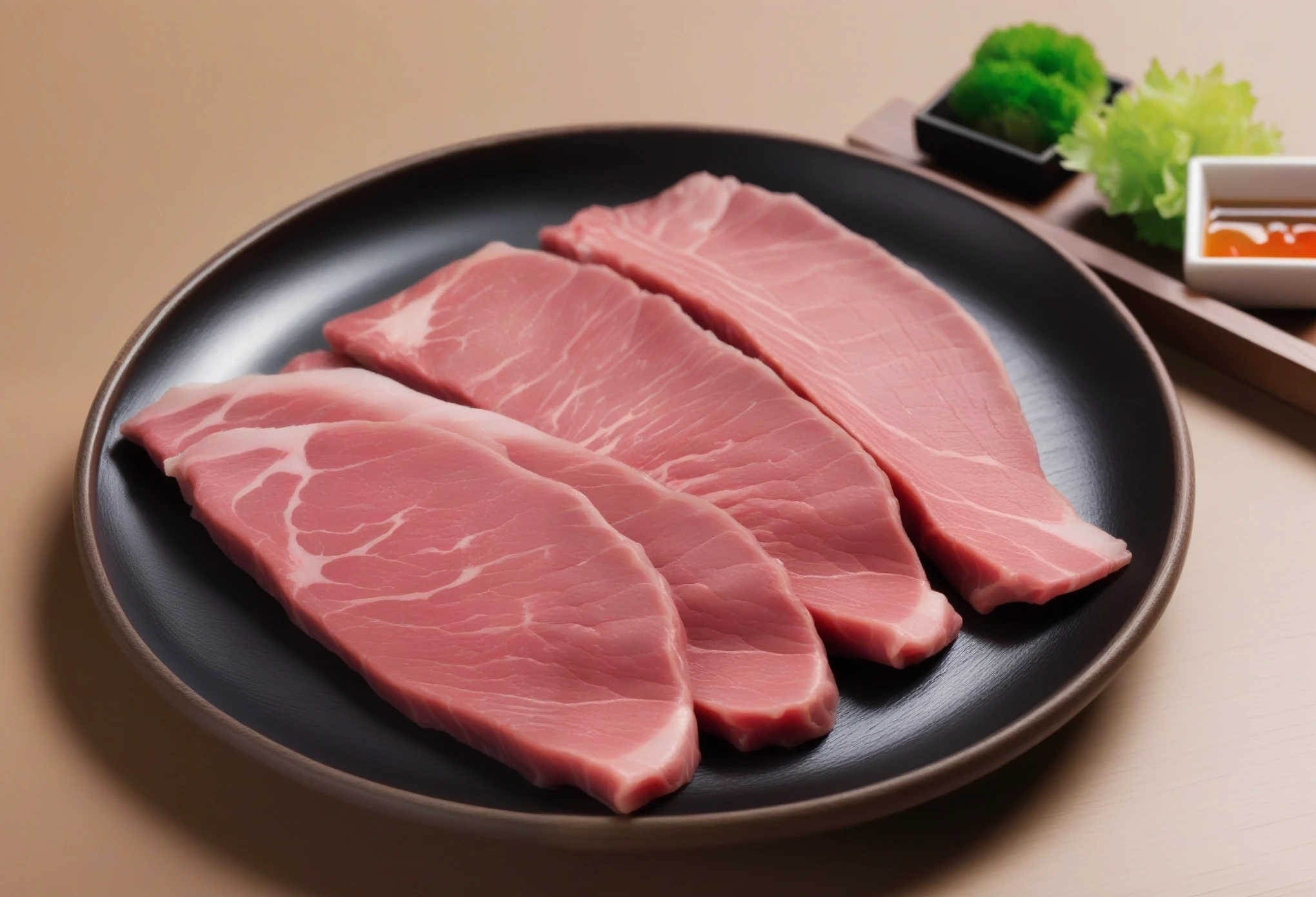 A simple plate filled with slices of premium Japanese wagyu beef, Specially prepared for hot pot. Each slice should display Wagyu&#39;s signature marbling, Complex fat patterns scattered throughout the meat, Gives it a luxurious look. Rich oil marbling should sparkle, Emphasis on high quality and tenderness of beef. The color of wagyu beef should be a vibrant pink, Contrasting with white marble pattern. The plate itself should be elegant and understated, Ensuring Wagyu remains the star of the show. The quality of the photo should be high resolution, Capturing the unique texture and marbling of Wagyu beef slices,