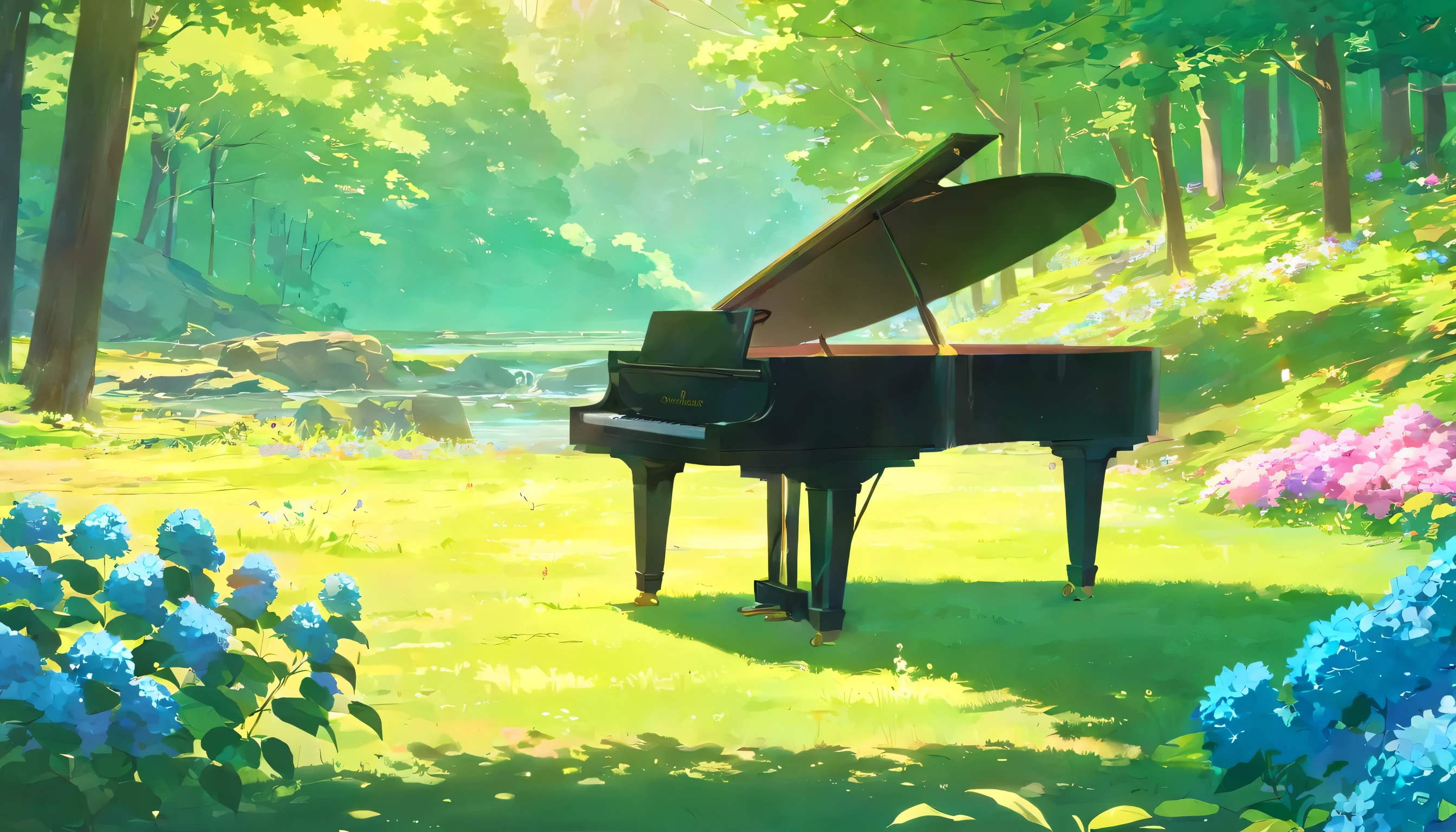 A piano in the middle of the woods near a river、Colorful hydrangeas in full bloom、wood々The sunlight shining through the wood