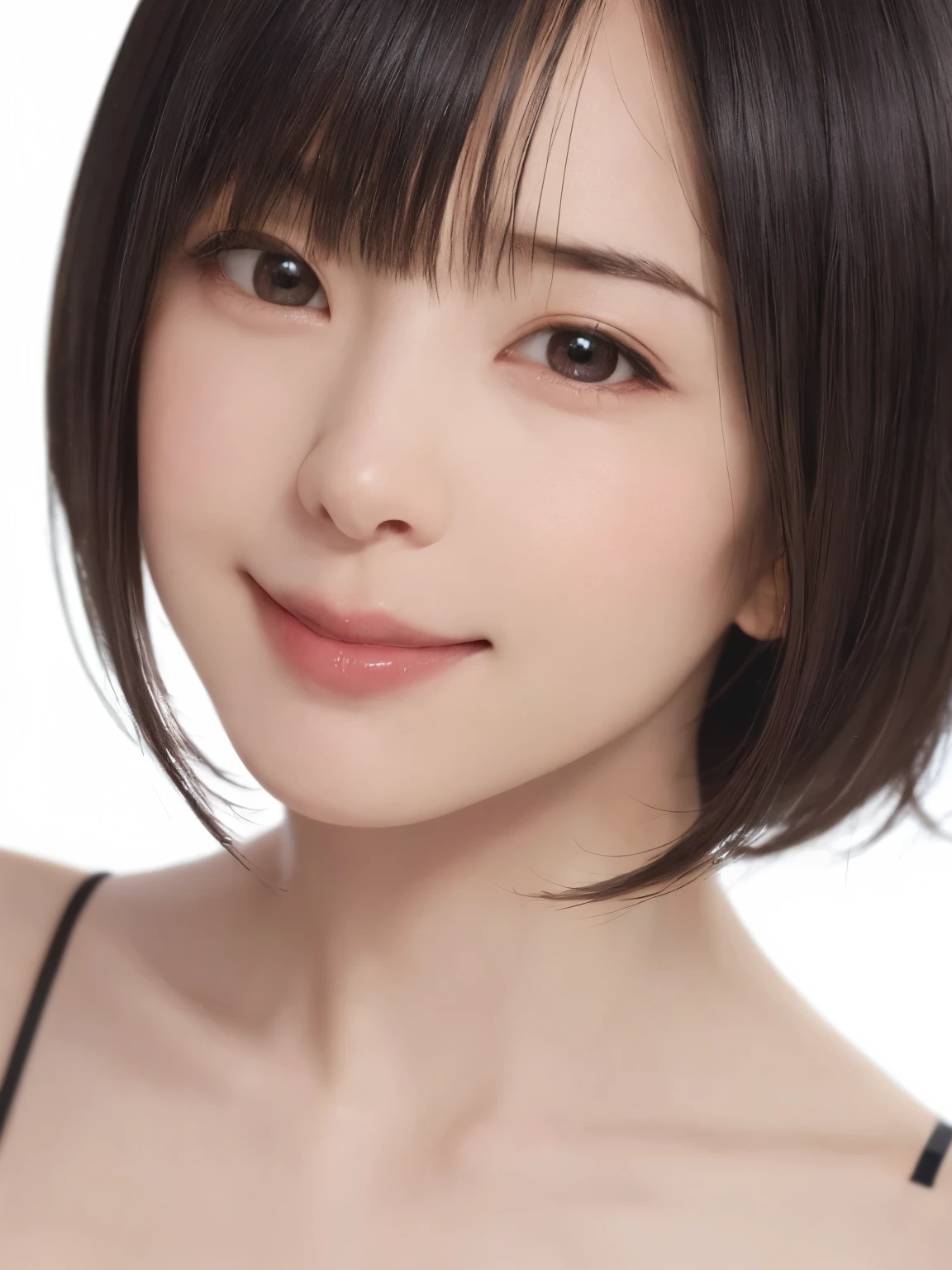 1 girl, alone, Shiny skin, chest, very detaileded, ultra detaileded, Ultra-high resolution, whole body, (Photorealism:1.4), (highest quality), (Best Shadow), Ulzzang-6500, detailed, Perfect lighting, Black Hair, ((Showpiece, highest quality, High precision)), One Girl, (big chest, Realistic: 1.4), (look up at the camera even a little, カメラをlook up, look up, look up at the camera, Looking into the camera))), alone, , White Background, snow-White Background, shut up., smile, pretty Black Hair, short hair, Big eyes, Transparent double eyelids, eyelash, listen, Long neck, Long neck, Absolute area, ((Face close-up, short hair with bangs)), 19 years old, Attractive proportions, Shiny skin, Beautiful clavicle, Golden ratio face, Perfect Face, Teardrop-shaped mole, chestのほくろ, bangs, clean bangs, beautiful bangs, Lip gloss, Thin lips, White skin, I took off my clothes, big chest, Small face, Small face, 少し上を向いてLooking into the camera, ((smile a little for the camera, really nothing pure White Background, very big big chest, big chest))