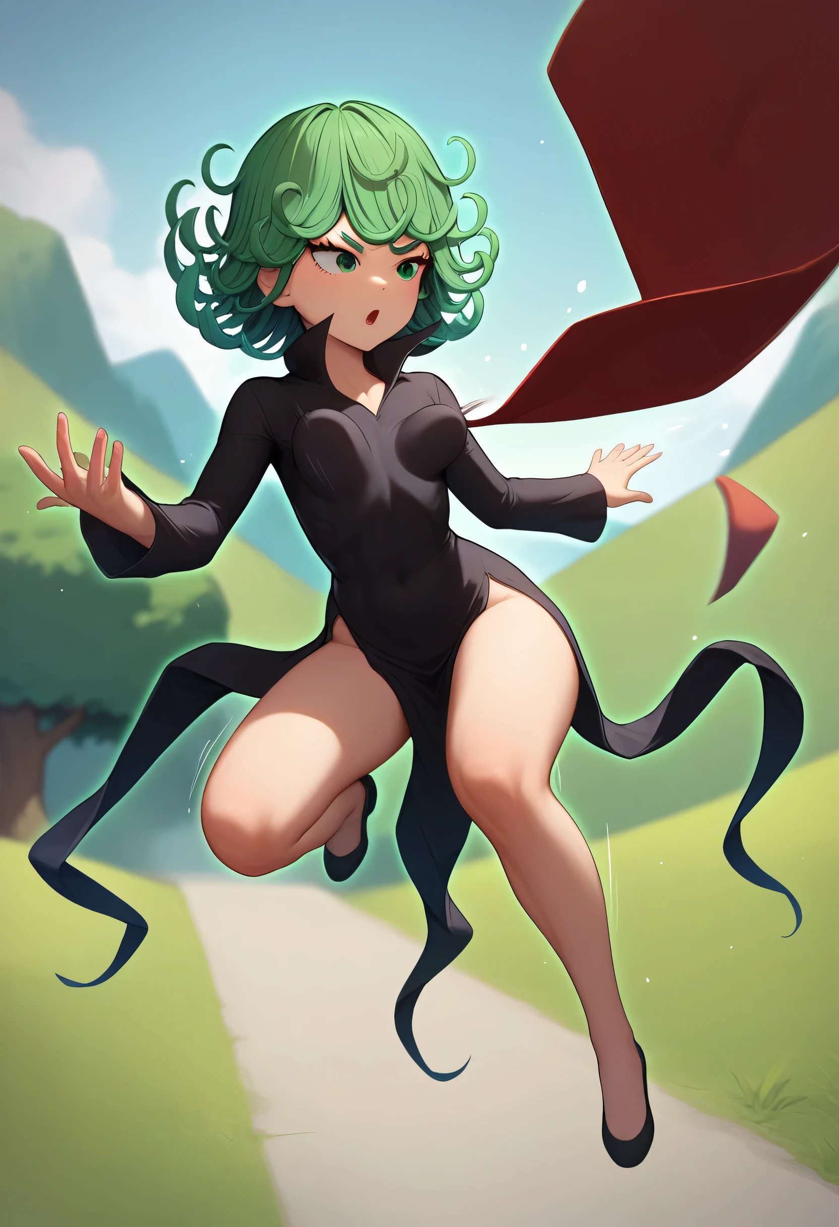 score_9, score_8_up, score_7_up, BREAK 1girl, bouncing breasts, tatsumaki, black dress, jumping, outdoors,