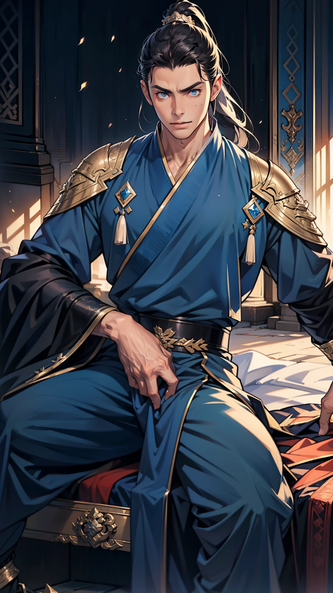 high quality,Best picture quality,Ultra-clear,Level Lighting,Ultra Detailed,Ray Tracing,individual(Young men),Handsome,(Youthful feeling),Black long hair,High Ponytail Hairstyle,blue eyes,Perfect male body,Wearing a blue ancient robe,Sitting astride,Crotch view