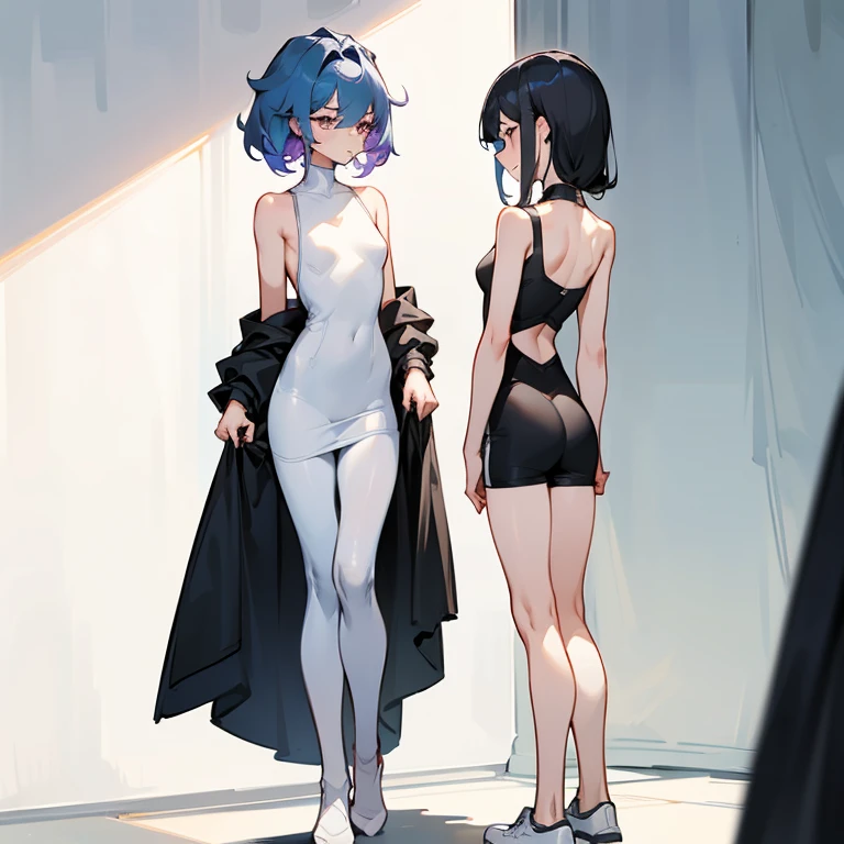 Two androgynous female high school athletes,
Both have big ,
Both of them have the same hairstyle and hair color、Different heights,
Changing clothes in the changing room,
One of them is not wearing anything,
The other sees her naked and tries to caress her,
Full Body Shot,
duo,
Masterpiece.,