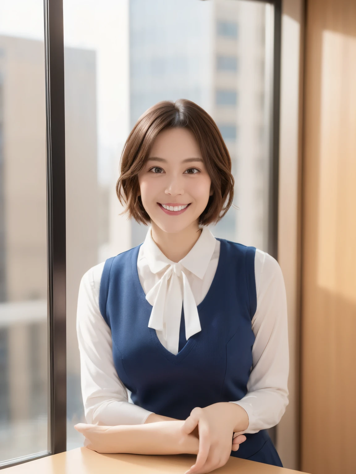 最high quality, In 8K, Masseter region, Vibrant, Sharp focus, high quality, High resolution, Detailed face, fine grain, (Looking at the audience), alone, Beautiful woman, 38 years old, One girl, Mature Woman, (Wearing a navy blue vest:1.5)、(Gold button vest:1.5)、(White blouse)、(Gorgeous red, white and blue3Colored ribbon ties:1.8)、 bow, photograph, Realistic, 最high quality, employment, Detailed face, office, Building seen from the window, Detailed Background, Diffused sunlight, Depth of written boundary, (Standard body shape)、(D cup breasts)、(smile:1.5)、(Very short black hair:1.5)、Bob Hair