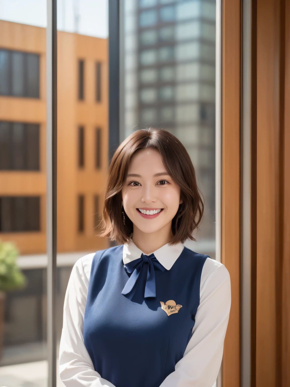 最high quality, In 8K, Masseter region, Vibrant, Sharp focus, high quality, High resolution, Detailed face, fine grain, (Looking at the audience), alone, Beautiful woman, 38 years old, One girl, Mature Woman, (Wearing a navy blue vest:1.5)、(Gold button vest:1.5)、(White blouse)、(Gorgeous red, white and blue3Colored ribbon ties:1.8)、 bow, photograph, Realistic, 最high quality, employment, Detailed face, office, Building seen from the window, Detailed Background, Diffused sunlight, Depth of written boundary, (Standard body shape)、(D cup breasts)、(smile:1.5)、(Very short black hair:1.5)、Bob Hair