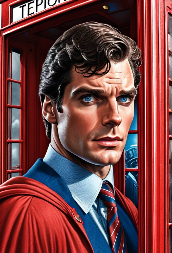 A photorealistic portrait of [Christopher Reeve:Henry Cavill:0.45] as Clark Kent transformation to Superman, in a British Style Victiran Red Telephone Box, insanely intricate details, realistic color pencil illustration, Don Lawrence style, octane render, ultrasharp Focus, 8k