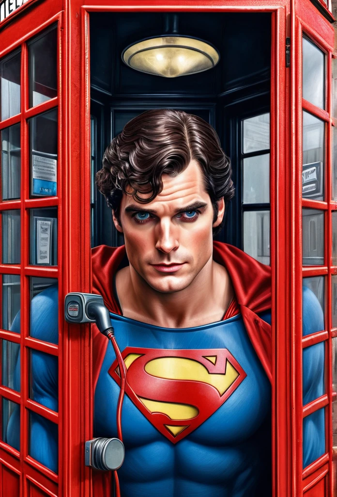 A photorealistic portrait of [Christopher Reeve:Henry Cavill:0.45] as Clark Kent transformation to Superman, in a British Style Victiran Red Telephone Box, insanely intricate details, realistic color pencil illustration, Don Lawrence style, octane render, ultrasharp Focus, 8k