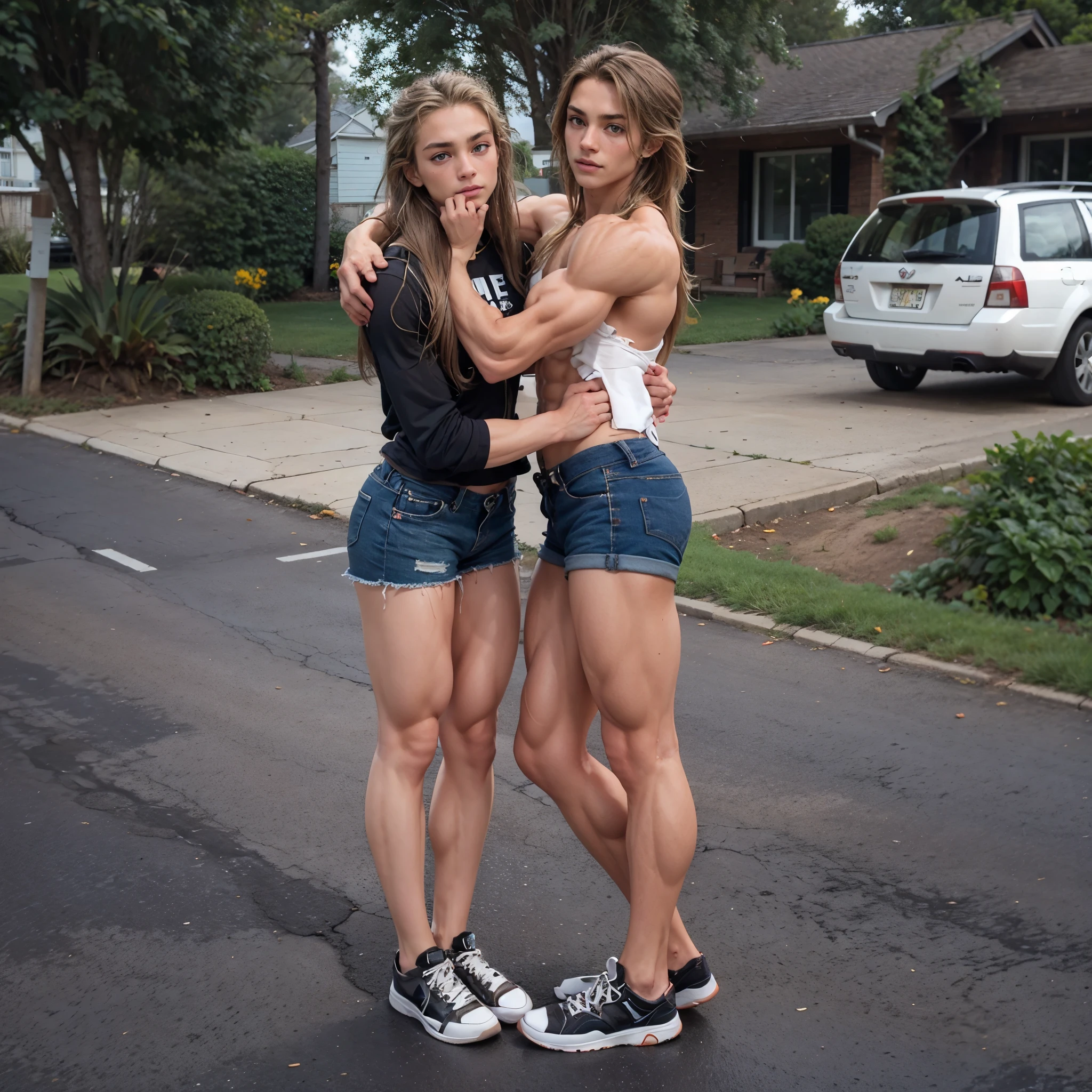 sixpack, ripped, muscle girl, tan, biceps, veins, sexy, , beautiful, shorts, muscular legs, blonde long hair