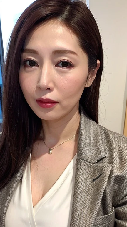 masterpiece,highest quality, (One beautiful mature woman), Sophisticated, ((close:0.25)), ((Cross Arm)), Glare, Grey blazer, White shirt, double eyelid, compensate:0.3, (smile:0.2), ((口をclose, Point to your chest:1)), ((Looking at the audience)), born, (From above:0.2), ((Nobody)), office,