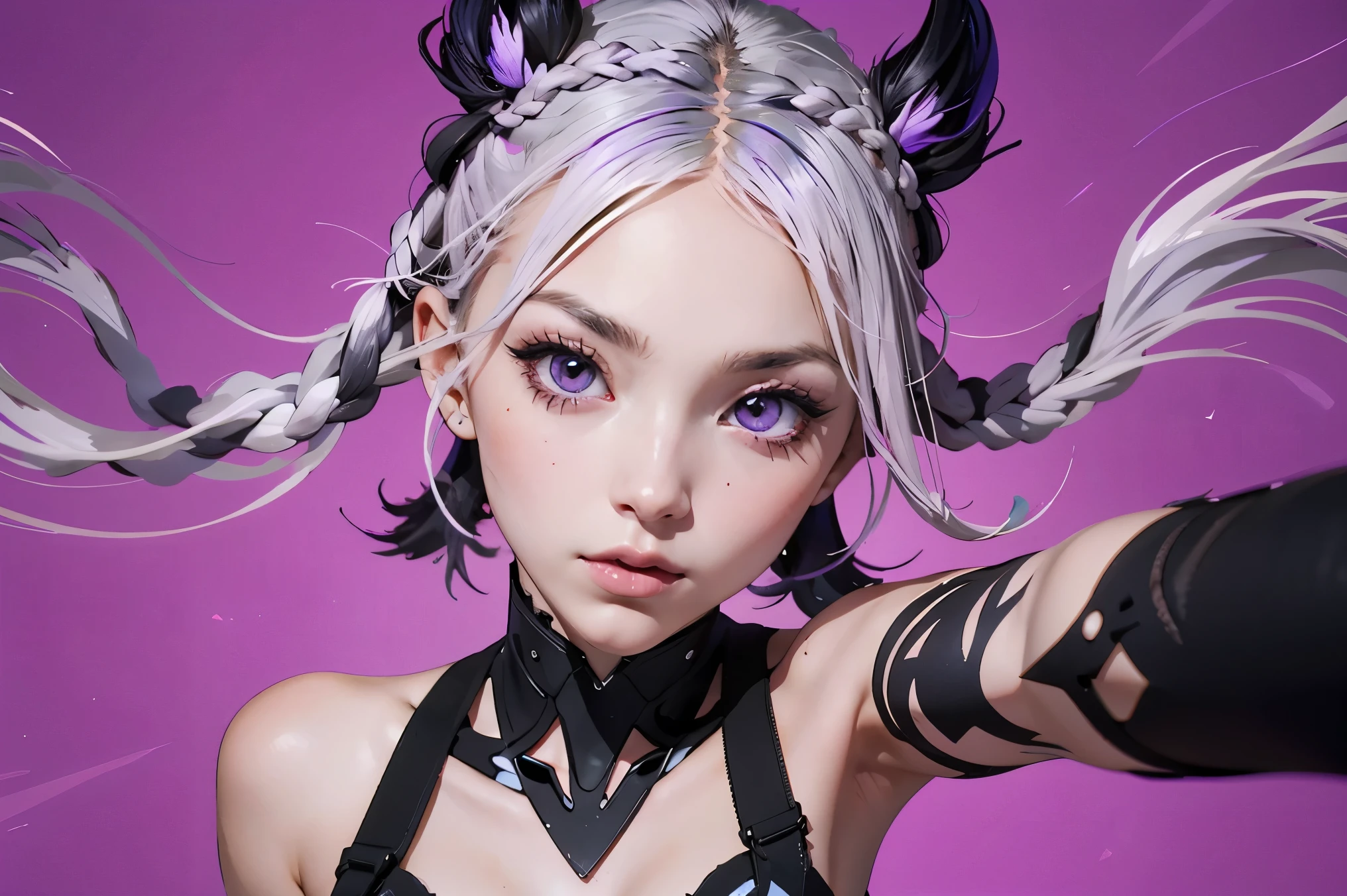a boy and a girl, with grey hair with purple tip, purple eyes, long ponytail,, multicolored hair, white hair, depth of field, perspective, perspective, UHD, masterpiece, accurate, anatomically correct, high quality, best quality, super detail, ((a couple shot)), multicolored hair, white hair, depth of field, perspective, perspective, UHD, masterpiece, ccurate, anatomically correct, high quality, best quality, super detail