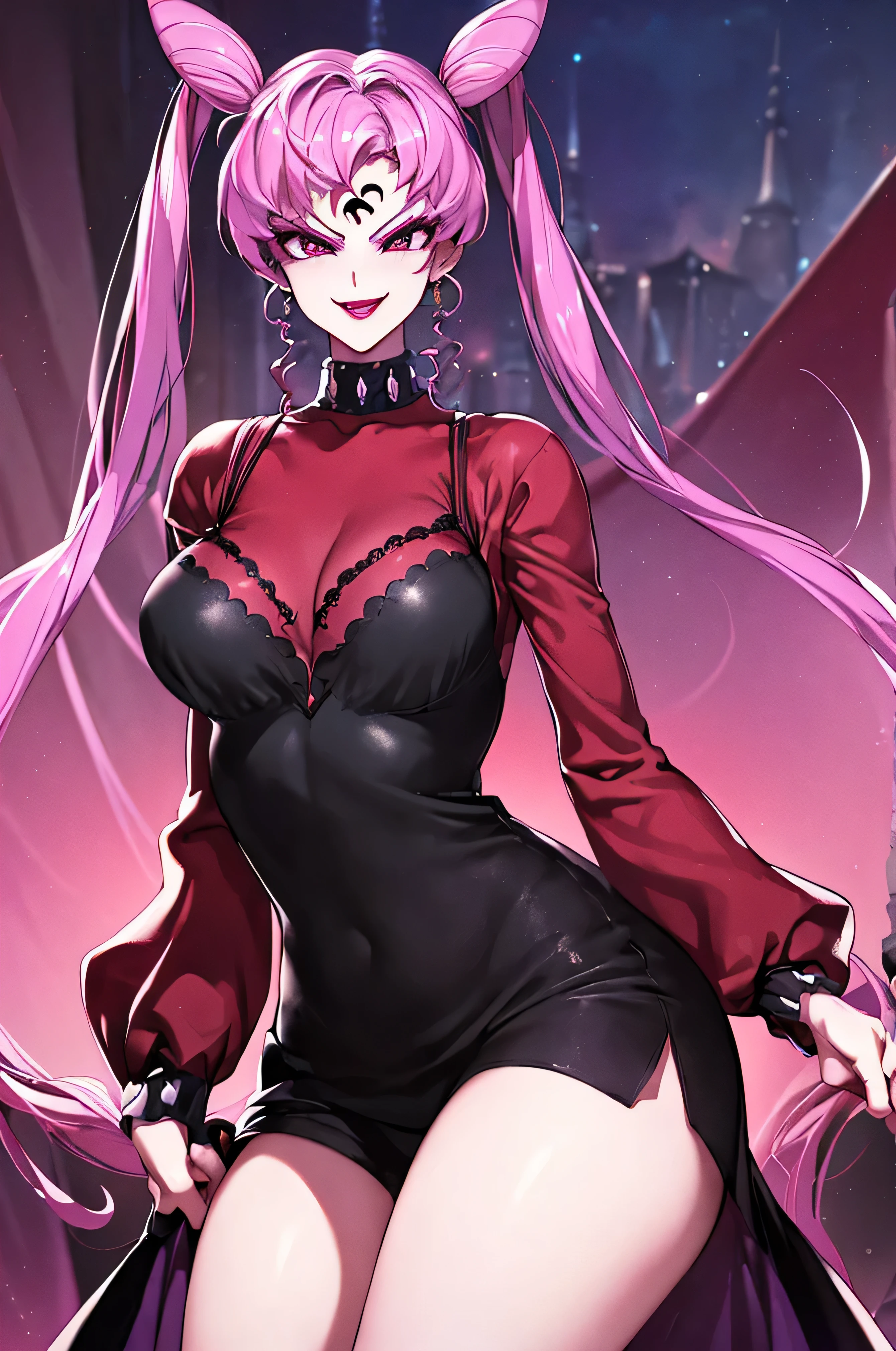 ((masterpiece,best quality)), absurdres,
Black_Lady_Sailor_Moon,pinkhair,twintail
solo, smiling, looking at viewer, cowboy shot, 
cinematic composition, evil smirk,official art,short pants,(beautiful_face:1.5),(narrow_waist),,Highly detailed CG Unity 8K wallpaper, perfect lightingofficial art,short pants,(beautiful_face:1.5),(narrow_waist),,Highly detailed CG Unity 8K wallpaper, perfect lighting, anime screencap, retro artstyle, anime coloring, traditional media,evil smile,evil hugehuge laugh,lipstick,black and purple crystail backgroud,,  facial expression, sadistic smile,  Closeup, fondo, colores oscuros,,crazy smile,horror,very dark badass,