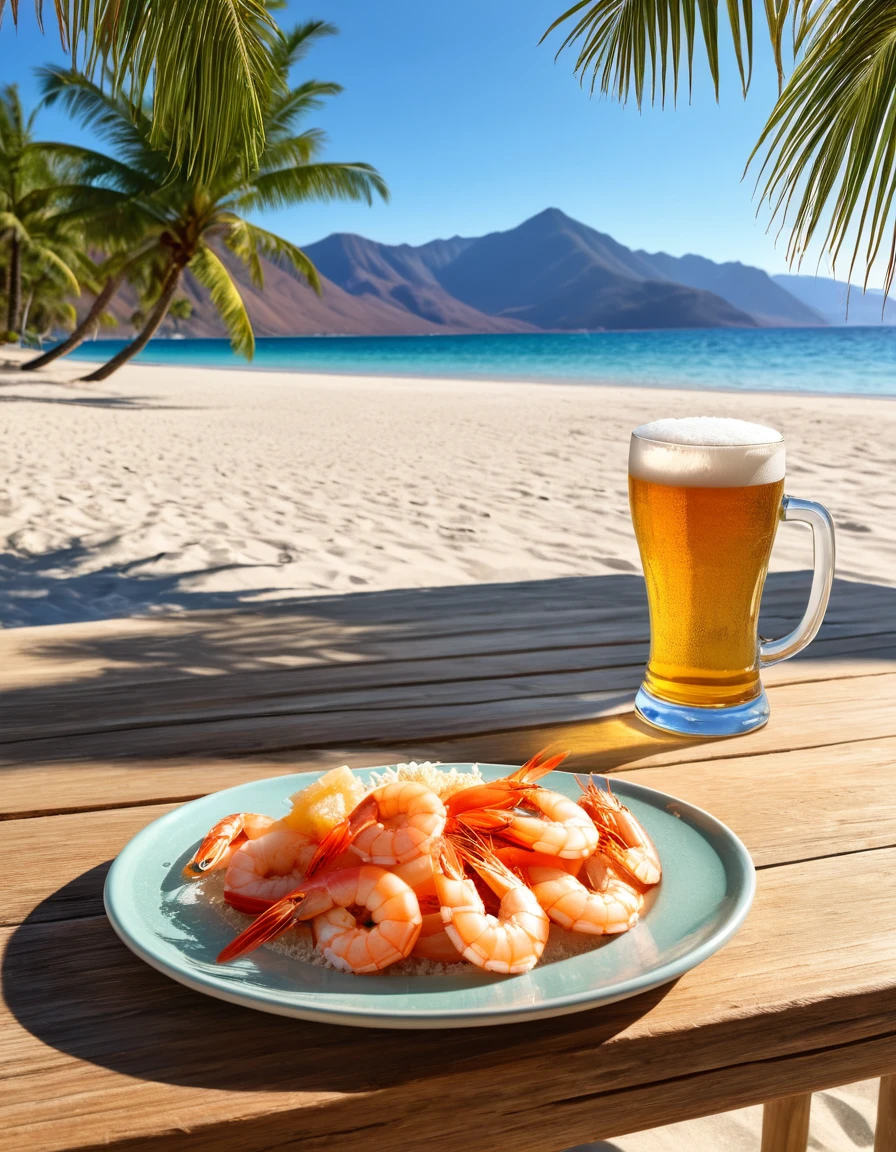 "RAW portrait of a deserted beach with crystal clear waters and very light sand. Sunlit scene with surrounding mountains. In the foreground, a few palm trees. A wooden table with a bottle of beer and a mug of frothy beer, alongside a plate of shrimp. Ultra-realistic and highly detailed."