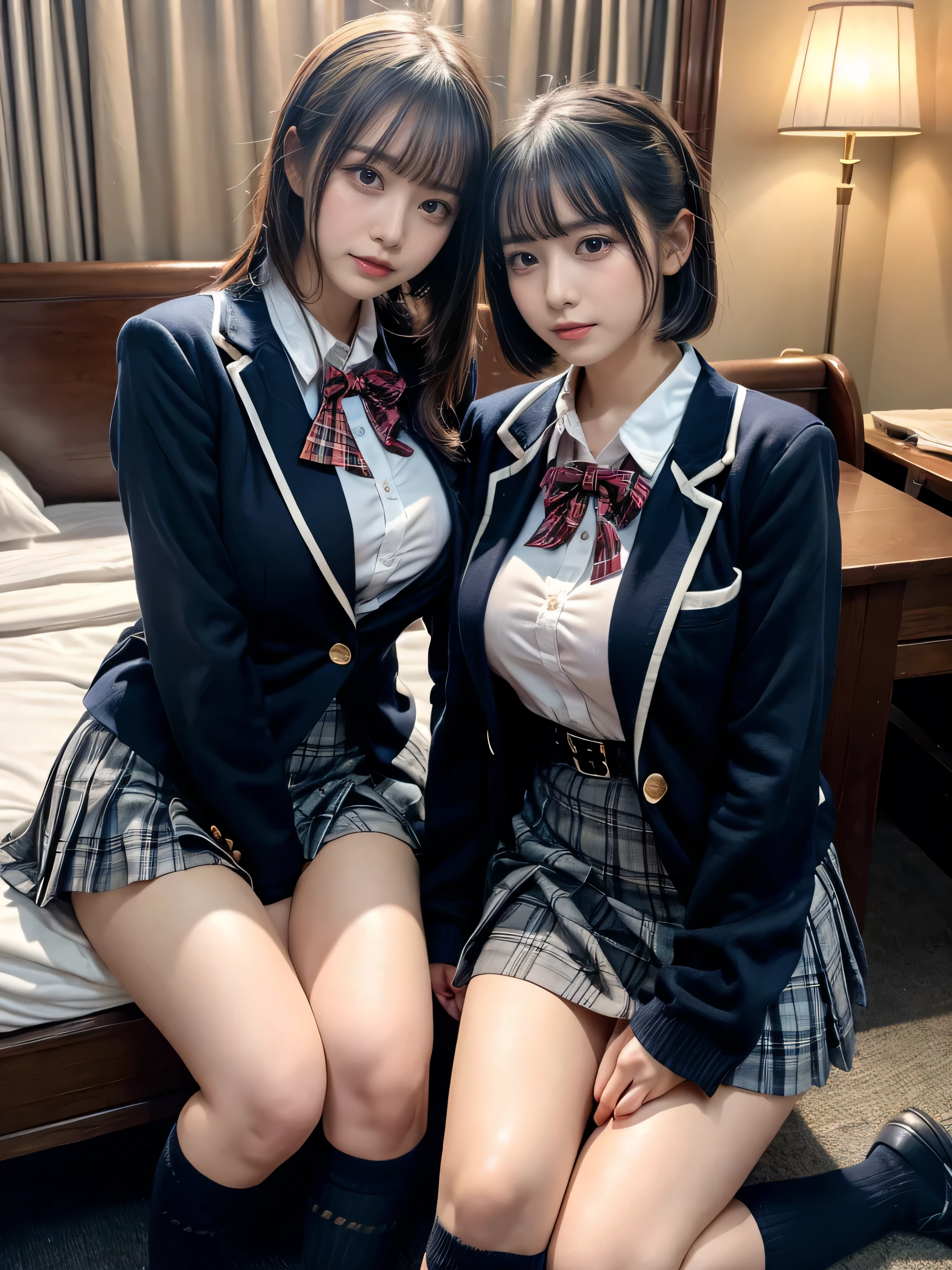 (8K, Raw photography, top-quality, ​masterpiece:1.2), muster piece, best quality, illustration, Super detailed, fine details, High resolution, 8K,wall paper, perfect dynamic composition,(Details High quality, realistic depiction of eyes:1.3), ((2 girls, 2 schoolgirls)), The background is a luxury hotel room、High school girl uniform、blazer 、Super Short Check Uniform Skirt、Navy blue high socks、garterbelts、Colossal tits、Disturbed uniform, Play with each other,Touching each other's bodies,Touching the body of the girl next door, short bob hair, black hair color, huge breasts, Big Natural Color Lip, bold sexy pose, (perfect body shape), crying a little、cold gaze, Harajuku style、Beautiful makeup,glitter makeup,Cutest 18 years old、 beautiful legs, hposing Gravure Idol, Voluptuous thighs