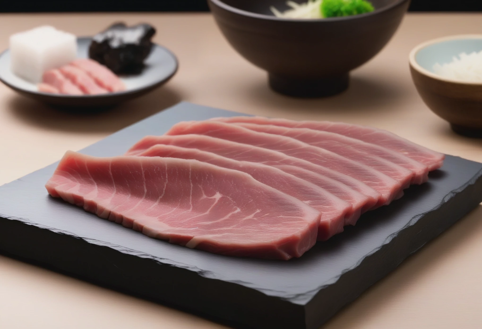 A simple plate filled with slices of premium Japanese wagyu beef, Specially prepared for hot pot. Each slice should display Wagyu's signature marbling, Complex fat patterns scattered throughout the meat, Gives it a luxurious look. Rich oil marbling should sparkle, Emphasis on high quality and tenderness of beef. The color of wagyu beef should be a vibrant pink, Contrasting with white marble pattern. The plate itself should be elegant and understated, Ensuring Wagyu remains the star of the show. The quality of the photo should be high resolution, Capturing the unique texture and marbling of Wagyu beef slices,