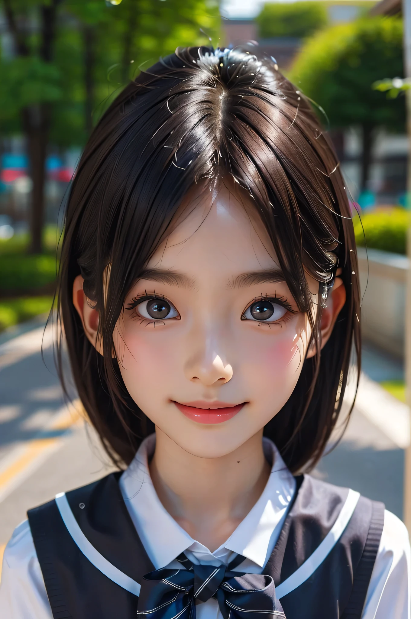 (8K,highest quality,RAW Photos,Ultra-high resolution,High definition,Attention to detail,High detail,超A high resolution,solo),(((Very beautiful 12 year old girl))),(School uniform),12 years old,Highly detailed eyes and face,Realistic atmosphere,Center image,pretty girl,Young face,Baby Face,Innocent face,Childish,Japanese,beautiful girl,Very beautiful eyes,Big eyes,Detailed eyes,Calm Eyeouth details,Front view,Perfect Anatomy,( Excellent anatomy:1.2),Detailed,Physically Based Rendering,Tyndall effect,Digital1SLR camera,85mm lens,Blur the background,Eyes with beautiful details,Glossy lips,Smile,Smile,double eyelid,Long eyelashes,Natural Makeup,Glowing White Skin,Short Hair,Shiny bob hair,Light on the face,True Face,Portrait,View from the front,Close-up of face,View Photographer,bright,coastal,Face close-up,T-Shirts
