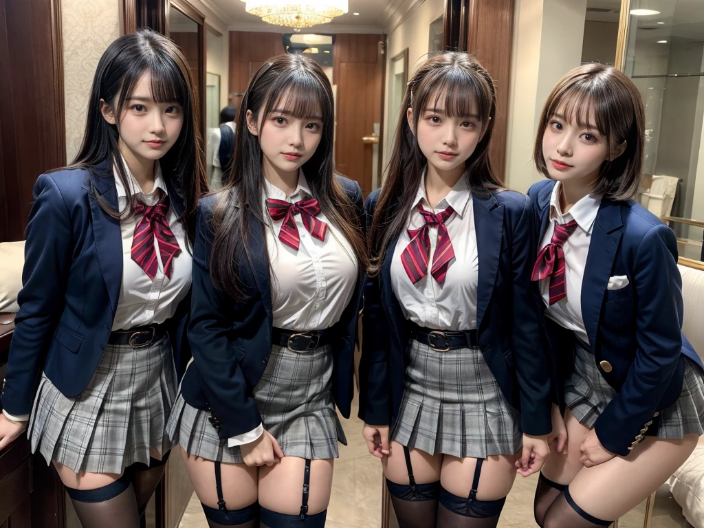 muster piece, best quality, illustration, Super detailed, fine details, High resolution, 8K,wall paper, perfect dynamic composition,(Details High quality, realistic depiction of eyes:1.3), ((2 girls, 2 schoolgirls)), The background is a luxury hotel room、High school girl uniform、blazer 、Super Short Check Uniform Skirt、Navy blue high socks、garterbelts、Colossal tits、Disturbed uniform, Play with each other,Touching each other's bodies,Touching the body of the girl next door, short bob hair, black hair color, huge breasts, Big Natural Color Lip, bold sexy pose, (perfect body shape), crying a little、cold gaze,  Harajuku style、Beautiful makeup,glitter makeup,Cutest 18 years old, beautiful legs, hposing Gravure Idol, Voluptuous thighs