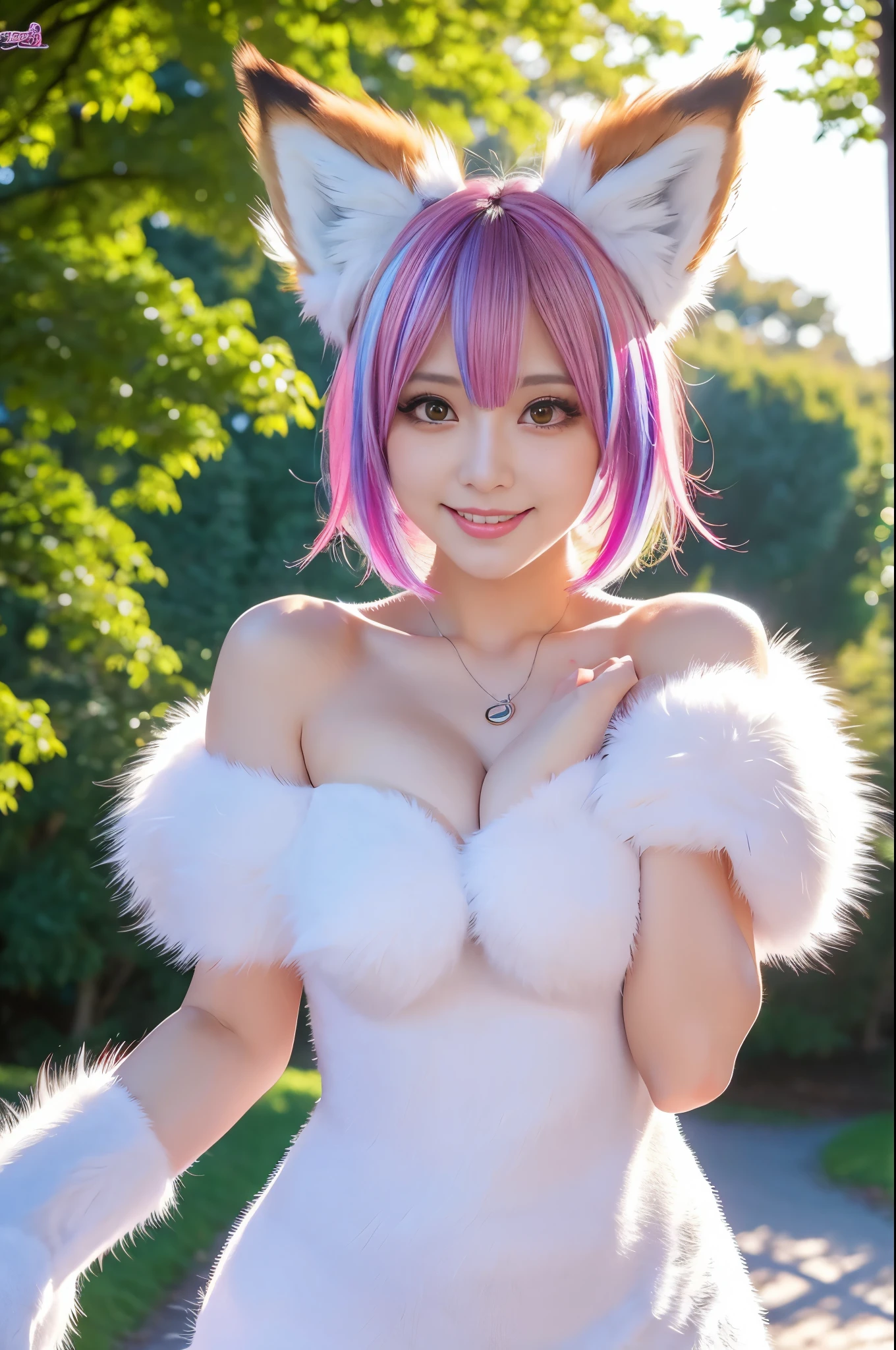 ultra sexy female, (-anime), only 1 female, very short hair, beautiful smile, lipgloss, long lashes, defined eyebrows, fluffy fur fox cosplay, fluffy fur vivid colors outfit, fox cosplay accessoires, fox ears, vivid colors, look at the camera, cinematic light, large park background with trees, sweet and sexy pose