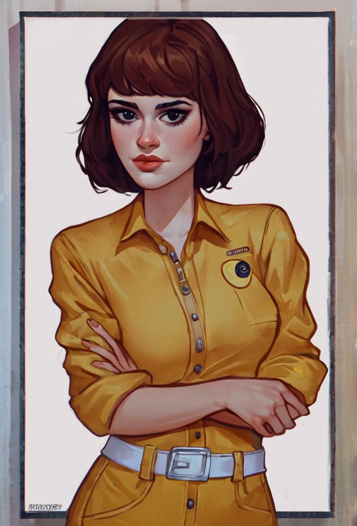 score_9_up,score_8_up,score_6,score_5,score_4,absurdres, april o'neil, 1girl, solo, 1 person in picture, short brown hair, black eyes, upper body, yellow jumpsuit, sleeves rolled up, white belt, tight clothes, source_cartoon