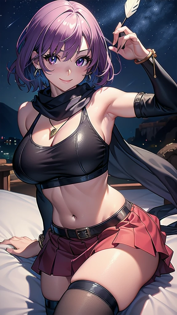 masterpiece, best quality, 1 solo girl, purple hair, purple eyes, short hair, medium breasts, sexy body and face, wavy hair, smile, sleeveless shirt, scarf, black thigh-high, mini skirt, pendant, bracelet, jewelry, earrings, feather hair ornament, book, lying at the bed, night, sexy pose, cowboy shots, detailed body, face, and eyes, sharp focus, vibrant, creative, dynamic, high definition, high resolution, 8k, (Upscale: R-ESRGAN 4x+ Anime6mage enchance:4x), voluptuous body, cinema lightning, dakimakura style, looking at the viewer,