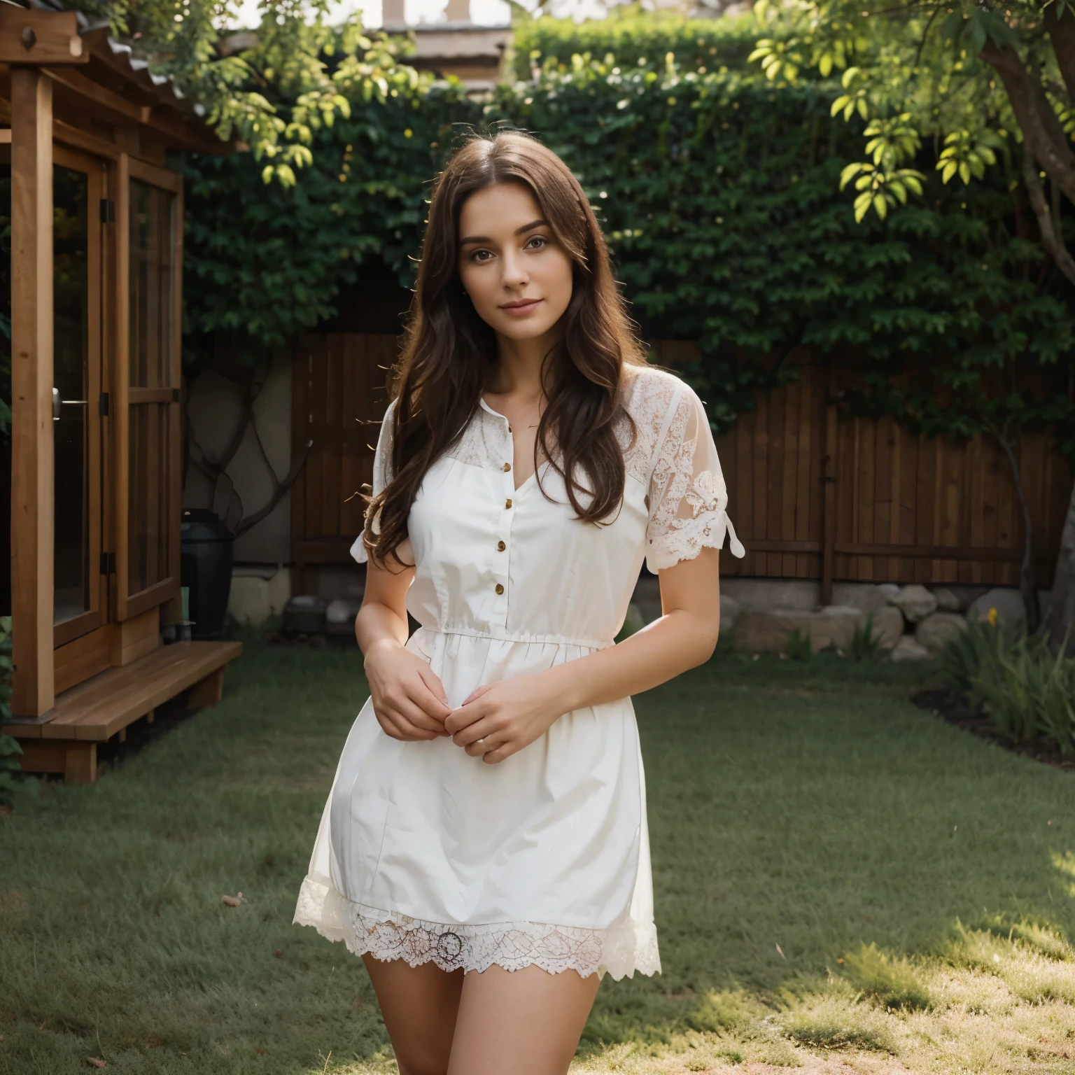 ((best quality)), ((masterpiece)), (detailed), perfect face, 30 years old women, wearing beautiful dress, beautiful hair, luxury looking, looking at the camera, slightly smile, backyard outdoor, standing, capture to thighs