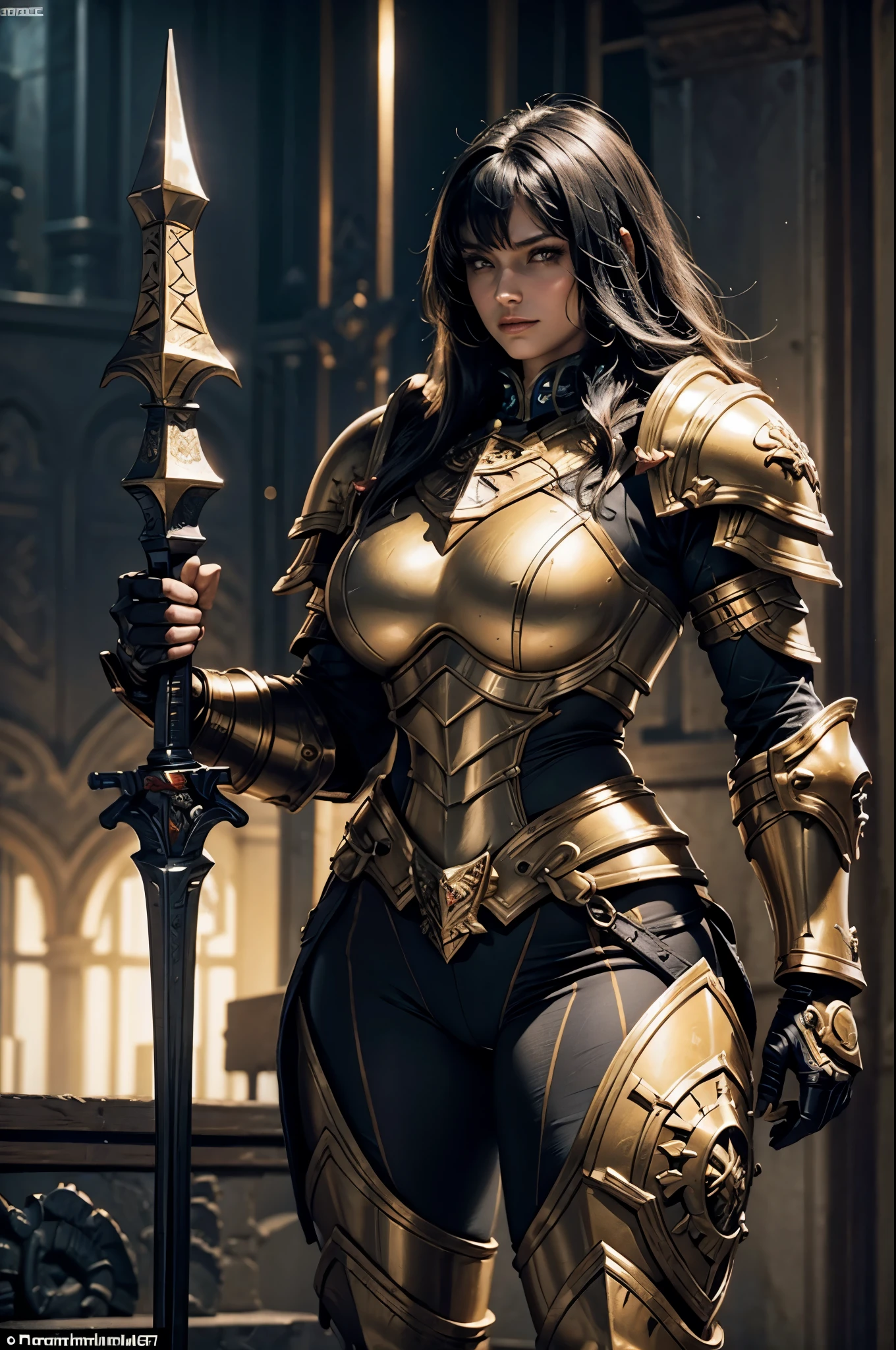 female paladin, massive plate armor, oiled skin, (perfect anatomy), (sports body), (Sexual), sport body, (perfect arms), warhammer 40k