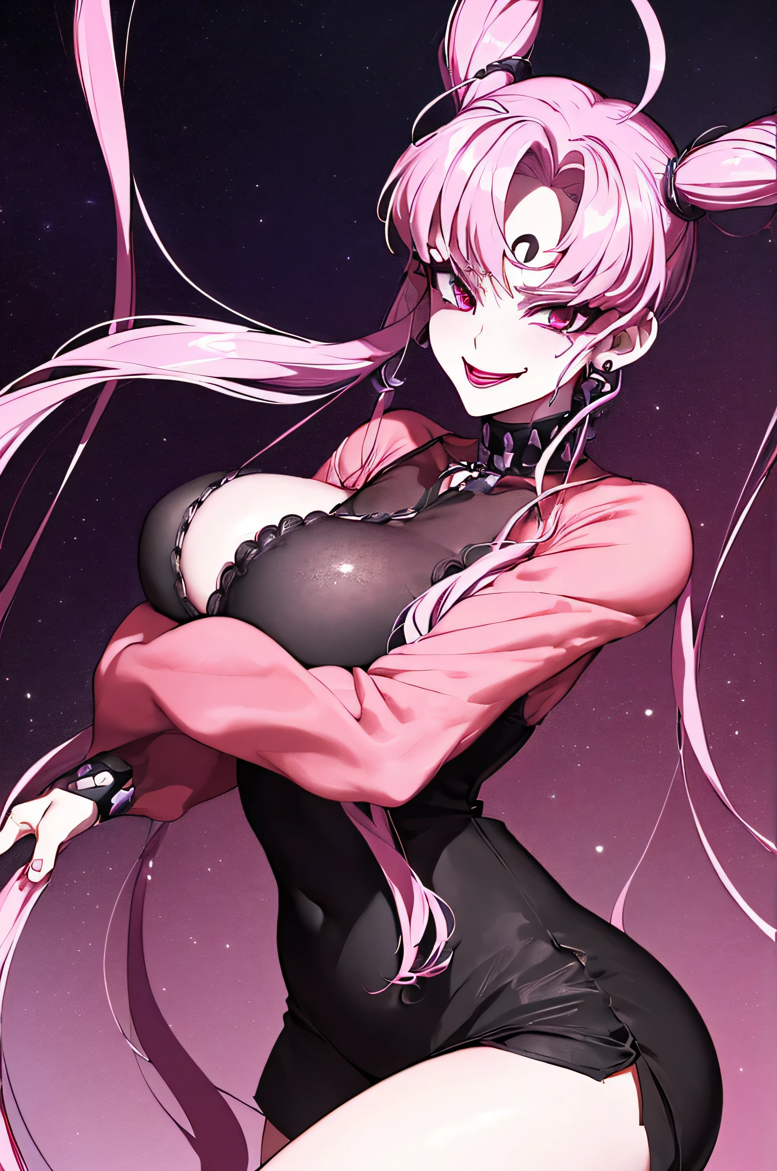 ((masterpiece,best quality)), absurdres,
Black_Lady_Sailor_Moon,pinkhair,twintail
solo, smiling, looking at viewer, cowboy shot,
cinematic composition, evil smirk,official art,short pants,(beautiful_face:1.5),(narrow_waist),,Highly detailed CG Unity 8K wallpaper, perfect lightingofficial art,short pants,(beautiful_face:1.5),(narrow_waist),,Highly detailed CG Unity 8K wallpaper, perfect lighting, anime screencap, retro artstyle, anime coloring, traditional media,evil smile,evil hugehuge laugh,lipstick,black and purple crystail backgroud,, facial expression, sadistic smile, Closeup, fondo, colores oscuros,,crazy smile,horror,very dark badass,