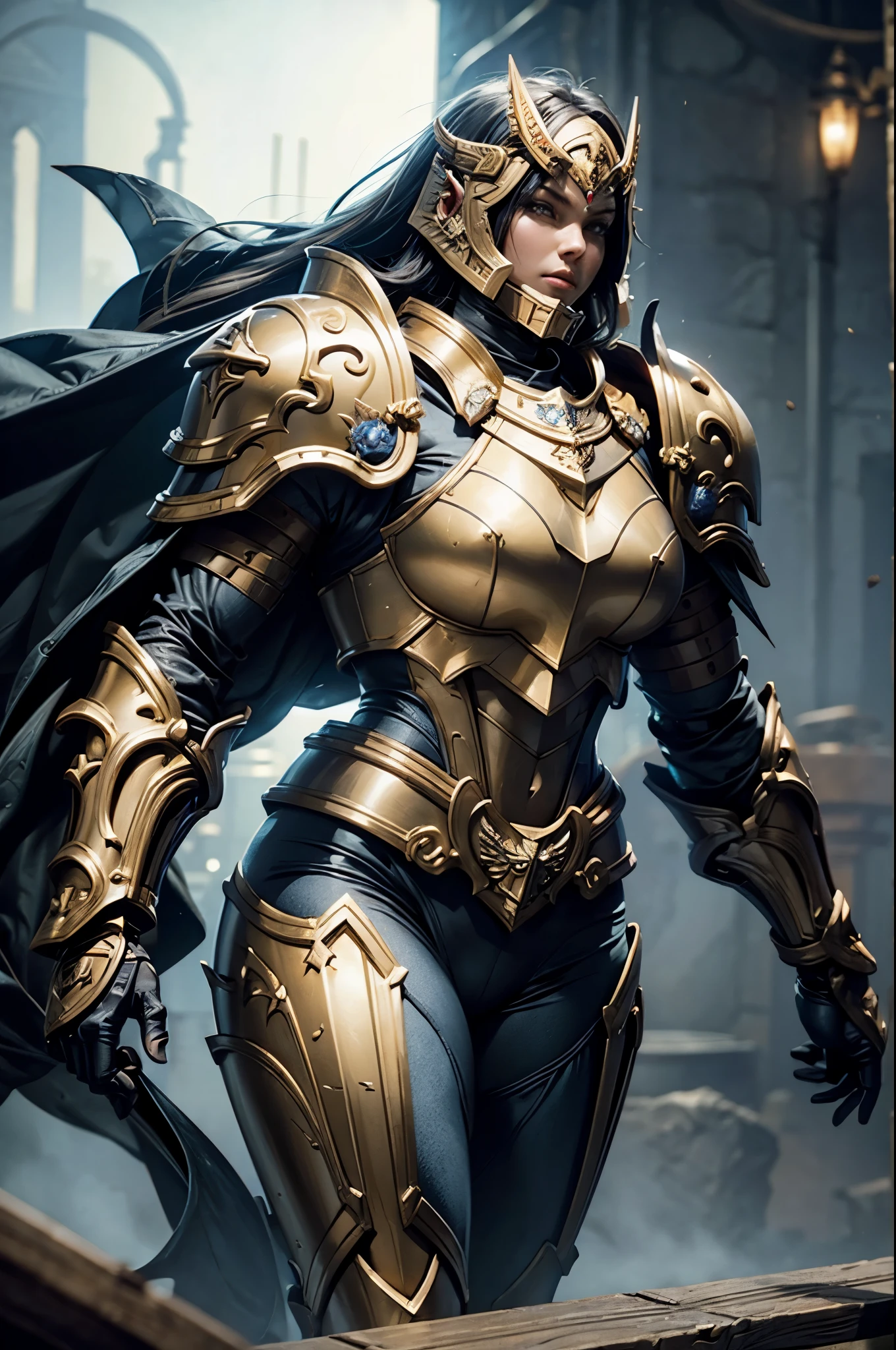 female paladin, massive plate armor, oiled skin, (perfect anatomy), (sports body), (Sexual), sport body, (perfect arms), warhammer 40k