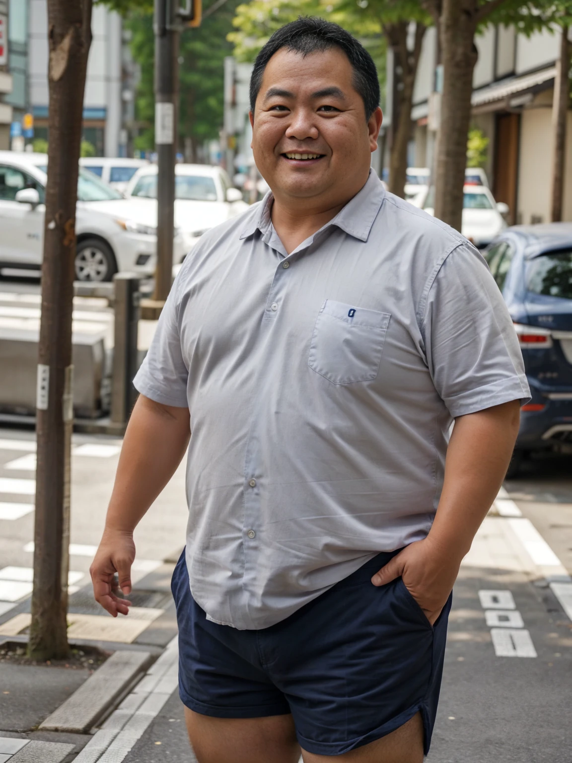 A little chubby Japanese male is 45 years old, He is a Japanese male, robust stocky body, round face, face focus, white business shirt, Summer in Japan, grey pants, office worker, medium hair, natural nerdy hair, walking on a pedestrian cross, under the blazing sun, thick thighs, sexy, Super detail, Anatomically correct, this image was taken with a medium telephoto lens, bulgeJ8, smirking, He is looking at viewer, sweating,
