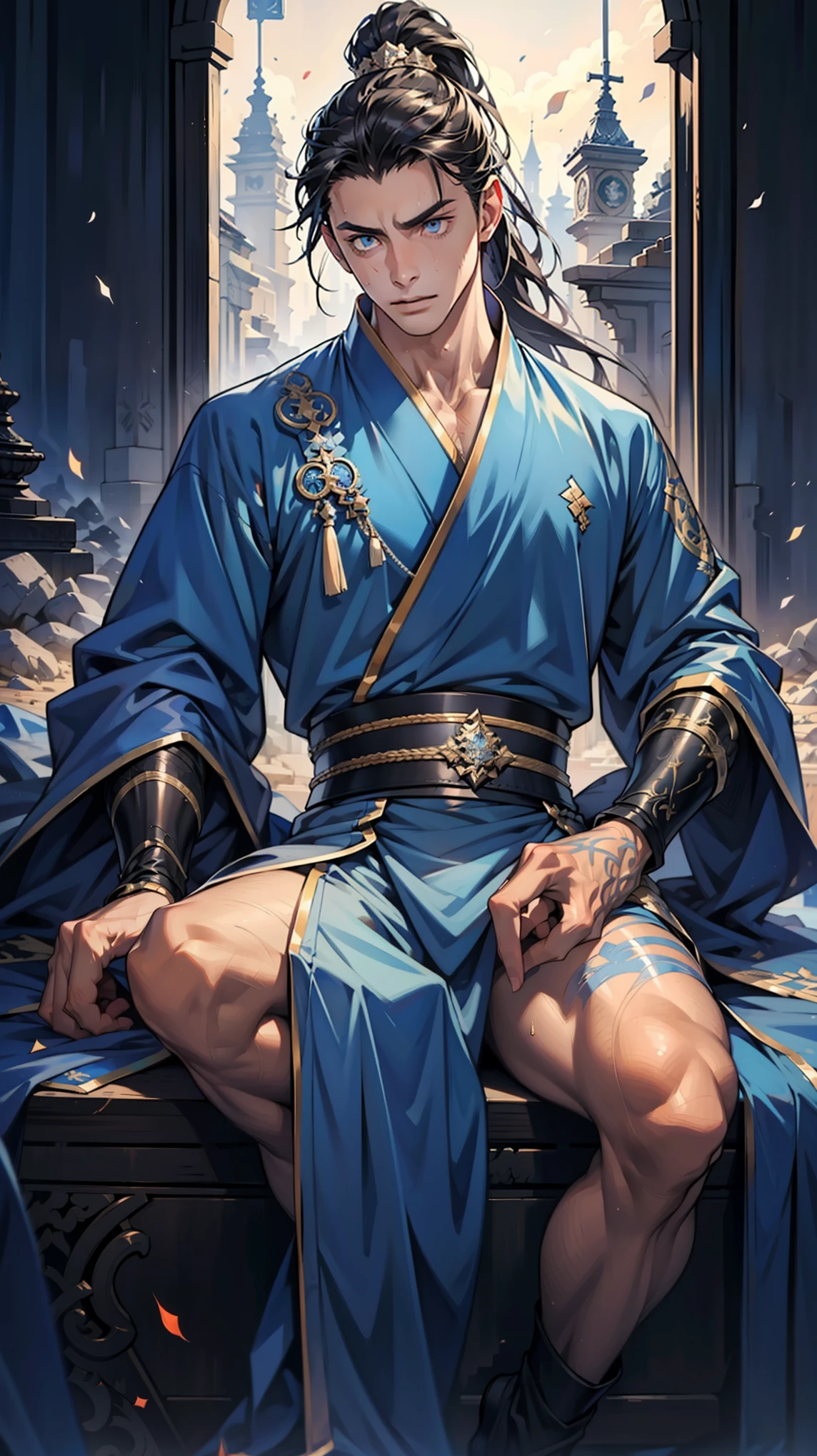 high quality,Best picture quality,Ultra-clear,Level Lighting,Ultra Detailed,Ray Tracing,individual(Young men),Handsome,(Youthful feeling),Black long hair,High Ponytail Hairstyle,blue eyes,Perfect male body,Wearing a blue ancient robe,Sitting astride,Crotch view