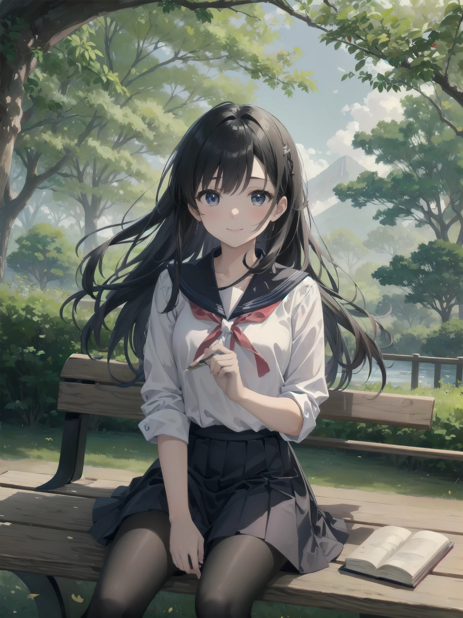 Subtitle: {{Park}} {{Sailor Suit}} {{Sitting on a bench looking at a map}} In a lush green park, a beautiful girl, Saori, is sitting on a bench with the sun shining through the trees, wearing a sailor suit.Her clear eyes are sunken in deep contemplation, and in her hand is an old map and a notebook filled with scribbles. Her long, glossy black hair danced in the wind, her light red ribbons twirling in the wind. Saori, have you found any clues yet?" Yosuke, a childhood friend sitting next to her, asked anxiously, "Saori, have you found any clues yet? Saori smiled, closed her notebook, and said, "Yes, I'm almost done. But we may need to take extrajudicial measures in the future. I reply. There was a sparkle in her eyes, as if she was enjoying the challenge.