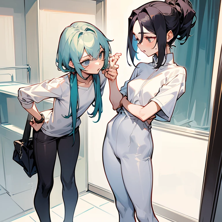 Two androgynous female high school athletes,
 Both have big ,
 Both of them have the same hairstyle and hair color、Different heights,
 Changing clothes in the changing room,
 One of them is not wearing anything,
 The other sees her naked and tries to caress her,
 Full Body Shot,
 duo,
 Masterpiece., 
