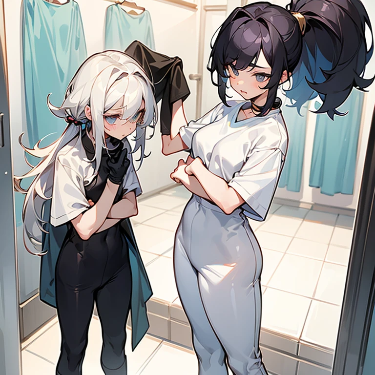 Two androgynous female high school athletes,
Both have big ,
Both of them have the same hairstyle and hair color、Different heights,
Changing clothes in the changing room,
One of them is not wearing anything,
The other sees her naked and tries to caress her,
Full Body Shot,
duo,
Masterpiece.,