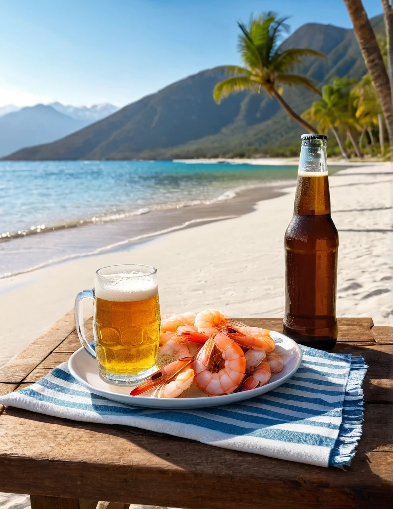 "RAW portrait of a deserted beach with crystal clear waters and very light sand. Sunlit scene with surrounding mountains. In the foreground, a few palm trees. A wooden table with a bottle of beer and a mug of frothy beer, alongside a plate of shrimp. Ultra-realistic and highly detailed."