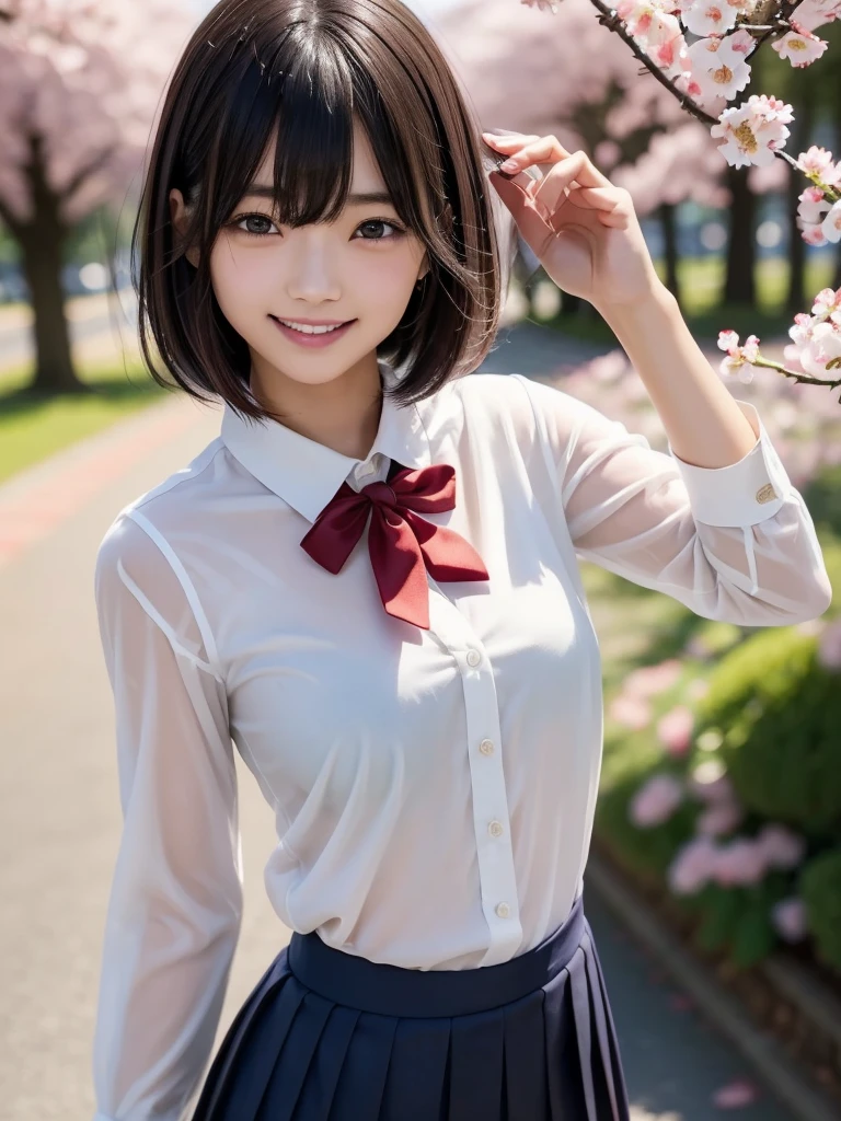 写真のためにポーズをとる女性のwhole bodyショット, The most beautiful Japanese models, 17 year old female model, 4k、bangs、(((smile))), (Short Bob Hair), 非対称なbangs, Straight hair、(White shirt, Red tie , Dark blue pleated skirt:1.2),　(Idol-like and super cute face:1.4), whole body, Slim and beautiful figure, sexy, Beautiful breasts, Laughter, The background is a row of cherry blossom trees, (Raw photo, highest quality, masterpiece, Ultra-detailed, Ultra-high resolution, Realistic),