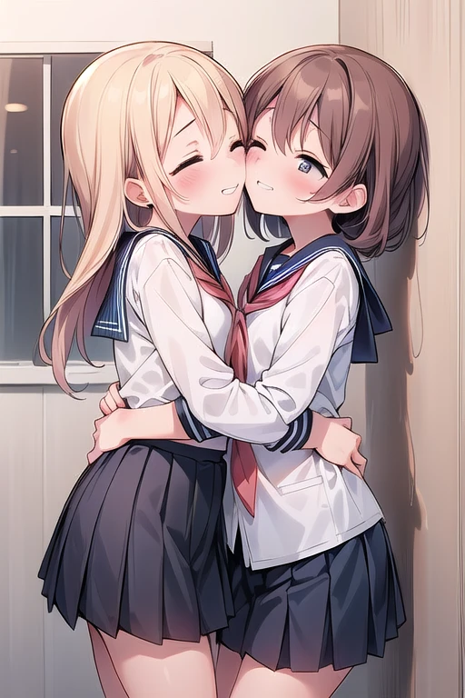 masterpiece,Super detailed,highest quality,Two Girls,against wall serafuku,Navy pleated skirt,smile,blush,Side view,Girl pinned to wall,hug,kiss,close your eyes