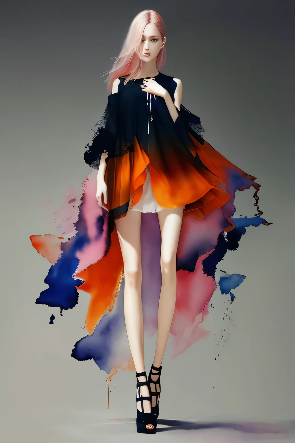 Watercolor Touch、Bleeding、a woman , luminous design, pastel colours, ink drips, spring lights,Artistic,black and orange、realisitic、long legged、ful、Feminine、white shirt、a miniskirt、high-heels,extremely delicate face,Realistic lighting and shading, (an extremely delicate and beautiful art)1.3, Elegant,Dramatic shadows、ighly detailed。hightquality、hight resolution、raw、超A high resolution、The ultra-detailliert、(extremely delicate and beautiful)、ighly detailed、Real Shadows,frombelow