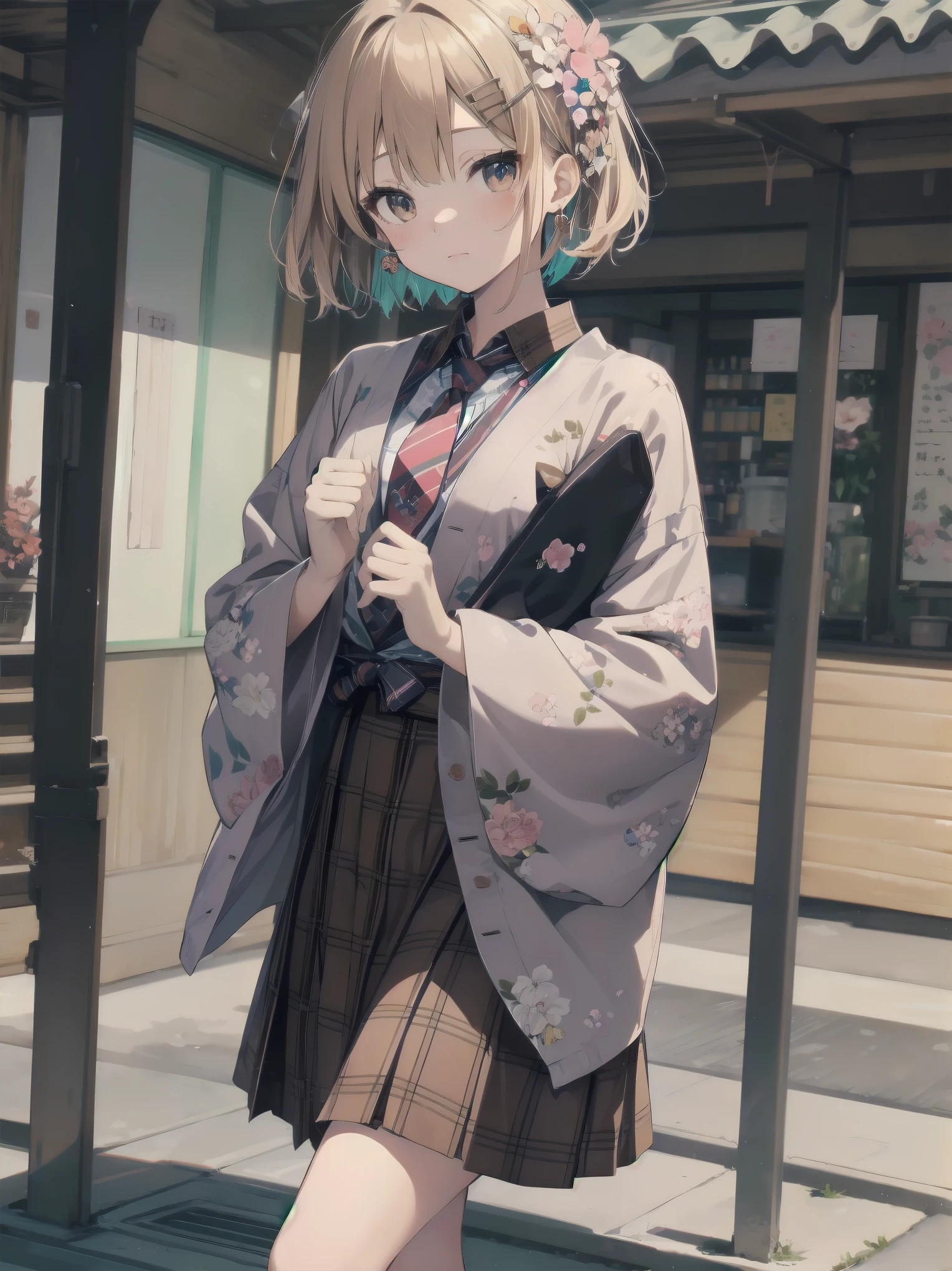 sendo yuuhi, short hair, hair rings, hair ornament, , shirt, necktie, jacket, brown sweater, long sleeves, white skirt, plaid skirt, kawaiitech, pastel colors, kawaii, cute colors, jyojifuku, obi, wide sleeves, yukata, dress, floral print
