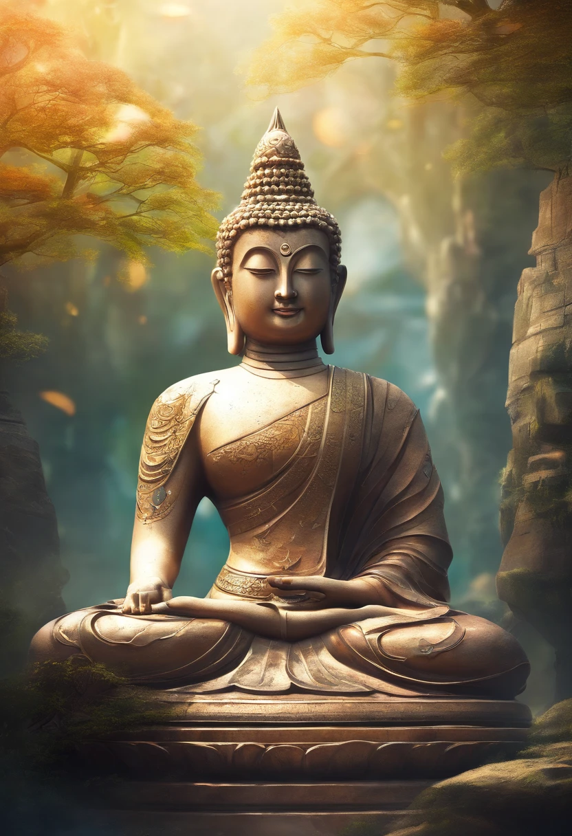 Buddhist statue, stone, texture, expensive, Majestic, The background is illuminated by sunlight.