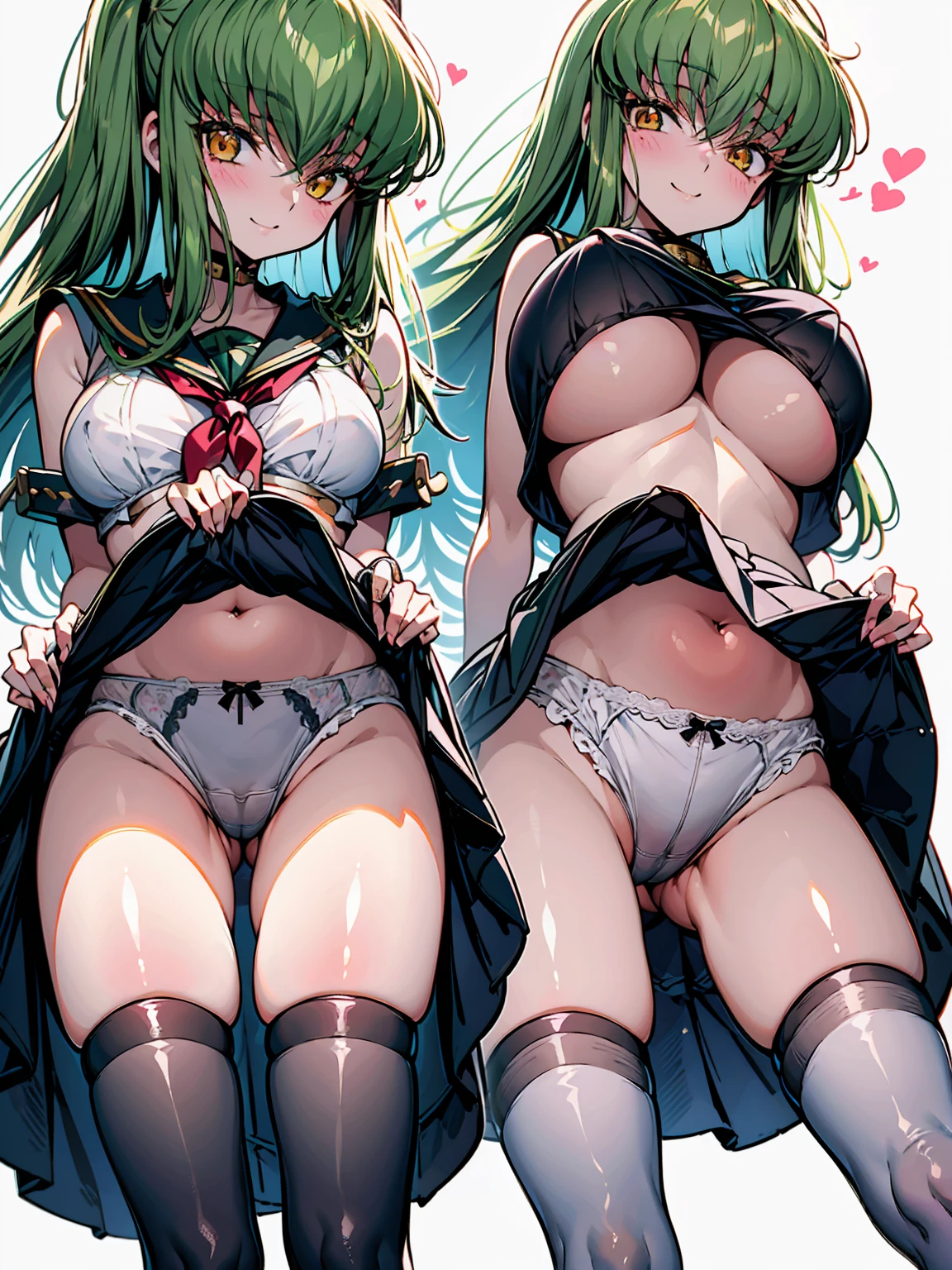 C.C.、Code Geass、upskirt、upskirt、upskirt、Green Hair、Voluptuous body、Plump thighs、Best image quality、A seductive smile、High resolution、masterpiece、super high quality、Spread your legs 、Grey bra、Grey panties、とてもBig Ass、Blushing、4K quality、Sailor suit、Big Ass、Zoom in on the lower body、Wearing black knee socks、Pubic hair growth、Shooting from below、Blushed、Big Breasts、Embarrassed face