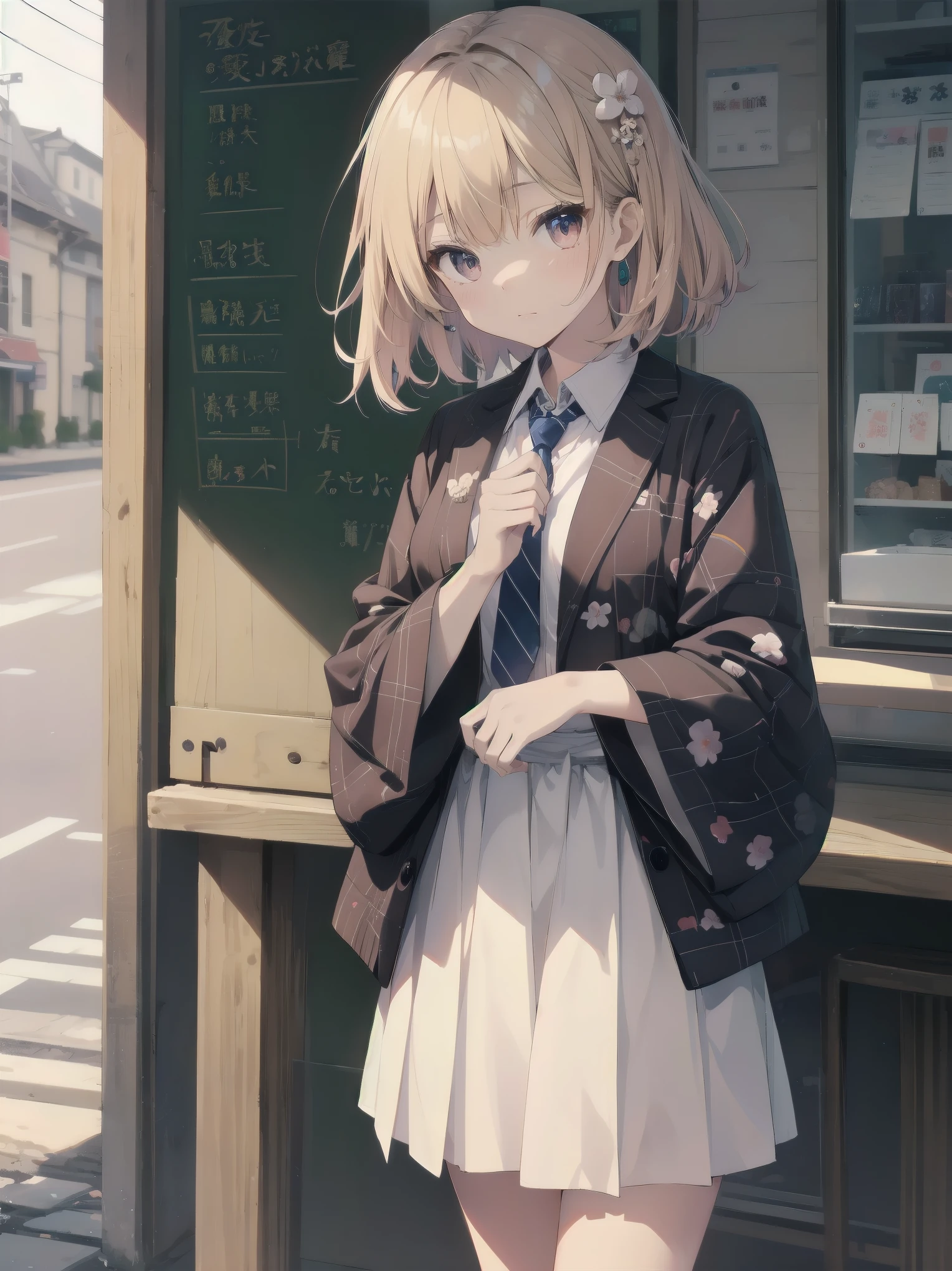 sendo yuuhi, short hair, hair rings, hair ornament, , shirt, necktie, jacket, brown sweater, long sleeves, white skirt, plaid skirt, kawaiitech, pastel colors, kawaii, cute colors, jyojifuku, obi, wide sleeves, yukata, dress, floral print