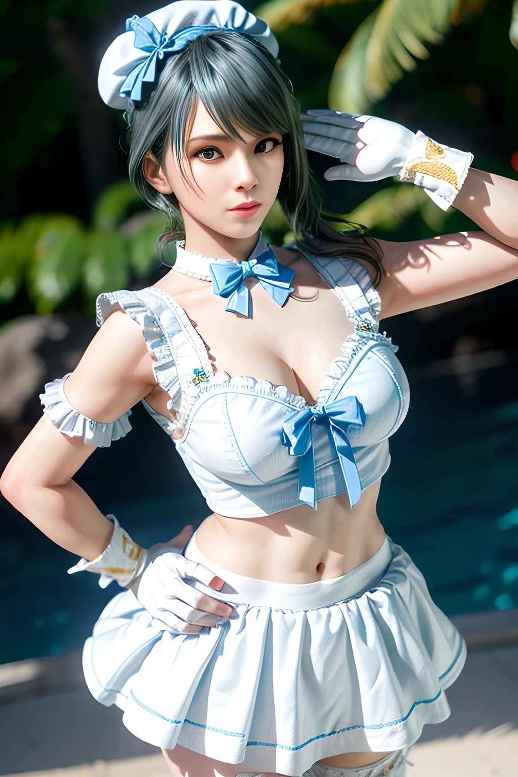 1girl, BREAK (white and black theme:1.4), (fusion of (sleeveless white high neck and collared [crop top]) and (black puff sleeves):1.4), (white tops and black short sleeves:1.2), (wearing a white half apron over a black skirt:1.4), (waist cincher:1.3), (white half apron), ((white maid head-band with ruffles on head, white brim on head):1.3), (white thigh high stockings:1.4), ((white arm warmers, white long glove):1.3), BREAK (light-blue theme:1.2), (light-blue lines on skirt:1.3), (light-blue ribbon bow:1.3),  , appealing cleavage,( beautiful tattoo:1.2), overhead view, beautiful detailed eyes, beautiful detailed lips, extremely detailed eyes and face, long eyelashes, feminine charm, detailed texture, snug fit, fashionable, soft fabric, radiant skin, (best quality,4k,8k,highres,masterpiece:1.2), ultra-detailed, (realistic,photorealistic,photo-realistic:1.37), tamaki