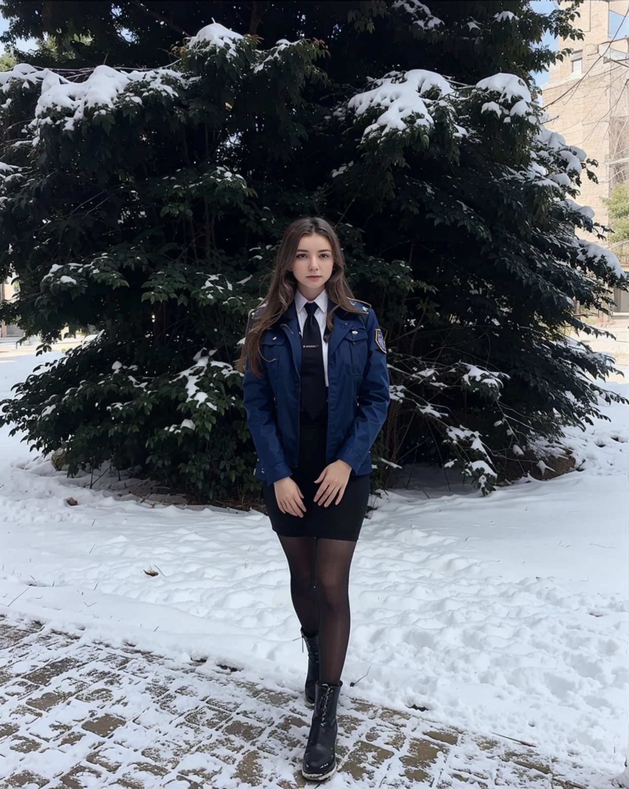 Young Russian police girl in white shirt, corbata, campera azul, falda azul, pantymedias y botas