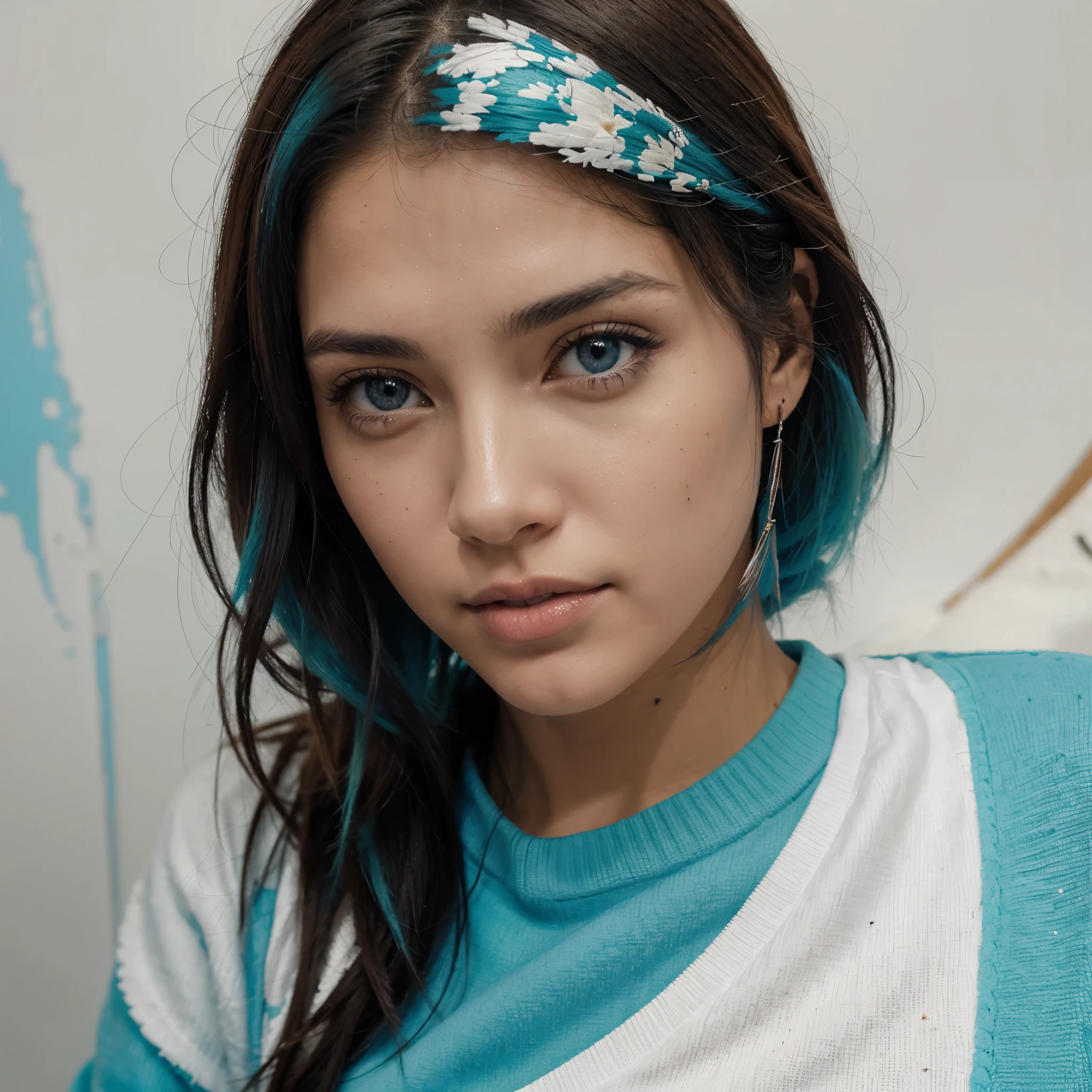 una chica de cabello corto con colores dominantes negro y azul aqua, sueter blanco, ojos azul aqua, sosteniendo un pincel, en frente de un lienzo en blanco, con tonos de azul de fondo, estilo de pintura, sentada en un banco de madera, que tenga estilo de pintura 