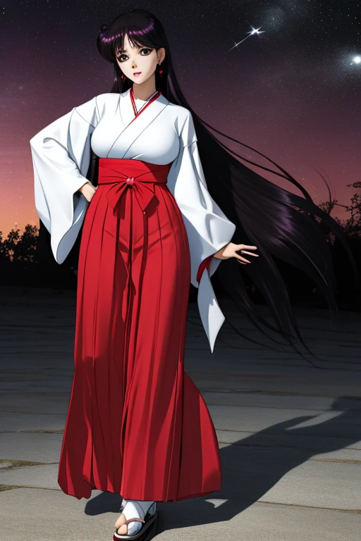 hino_rei, huge_breasts, standing, solo, starry_sky, japanese_clothes, miko, red_hakama_skirt, wide_sleeves, tabi, sandals, masterpiece, best quality, detailed face, detailed eyes, highres,