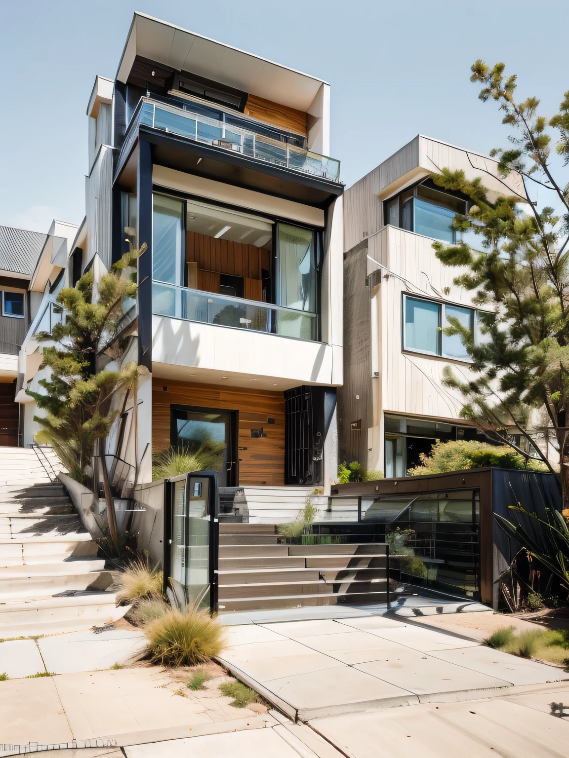 house exterior contemporary style, modernism, glass doors and windows,black metal rail, conwood ceilling, masterpiece, highquality, realistic photo, canon eos 5D mark, natural light,