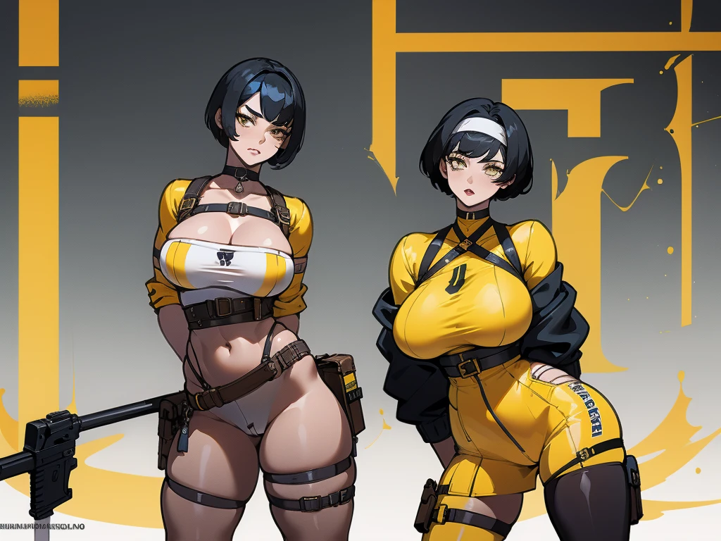 3 women, short hair, black hair yellow eyes pale skin muscular girl huge  jacket, holster, gun holster, bondagechoker, headband, pantyhose, two harness, Ampla abertura, Baixo ISO, white balance, rule of thirds, 8K CRU,